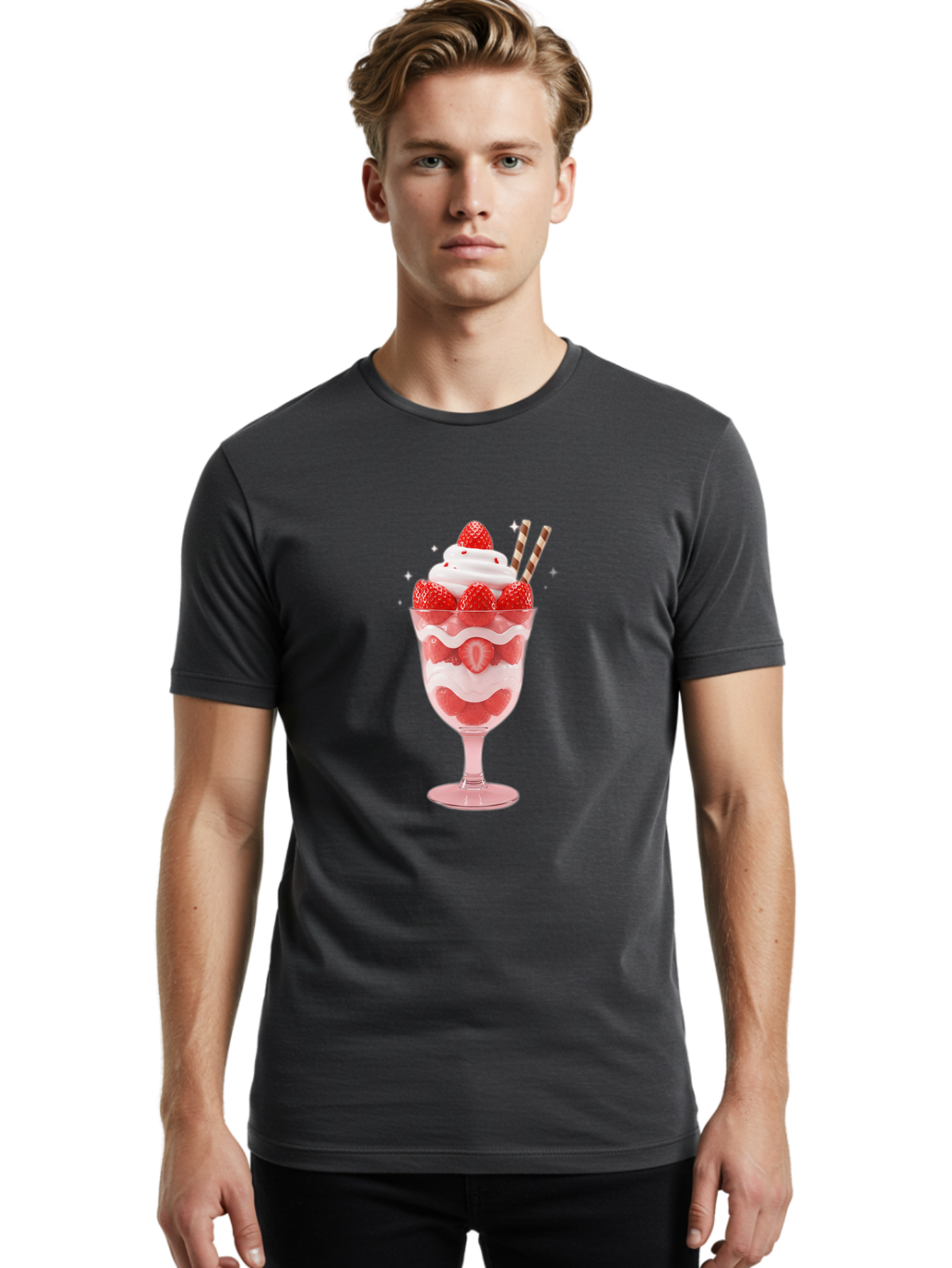 Strawberry-Sundae Men'S Graphic Tee, 100% Cotton, Comfortable Casual Summer Wear, Machine Washable, Strawberry Dessert, Sweet Treat, Layered Parfait, Whipped Cream Topping, Fresh Strawberries, Red And White Colors, Striped Straws, Bac485
