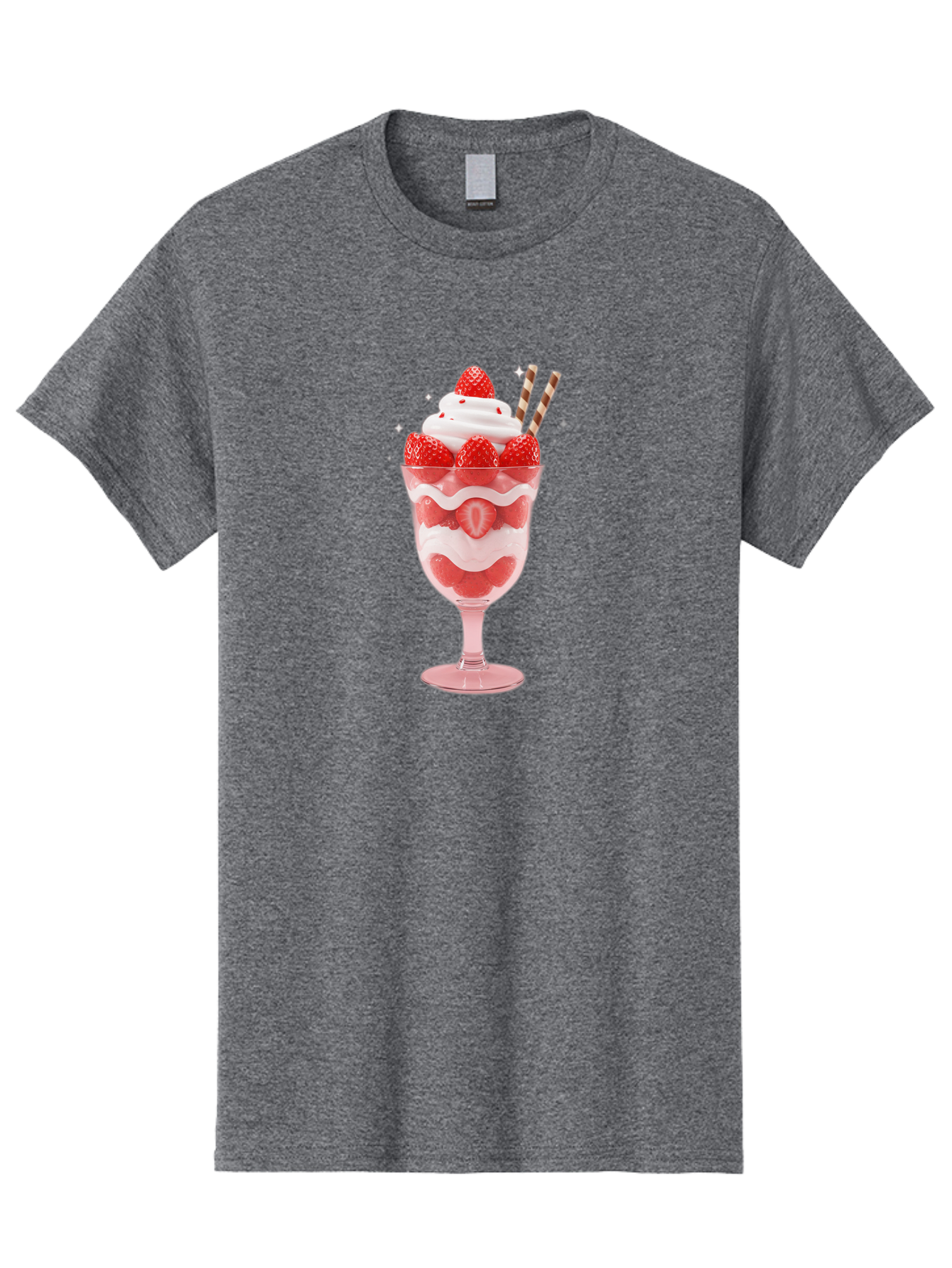 Strawberry-Sundae Men'S Graphic Tee, 100% Cotton, Comfortable Casual Summer Wear, Machine Washable, Strawberry Dessert, Sweet Treat, Layered Parfait, Whipped Cream Topping, Fresh Strawberries, Red And White Colors, Striped Straws, Bac485