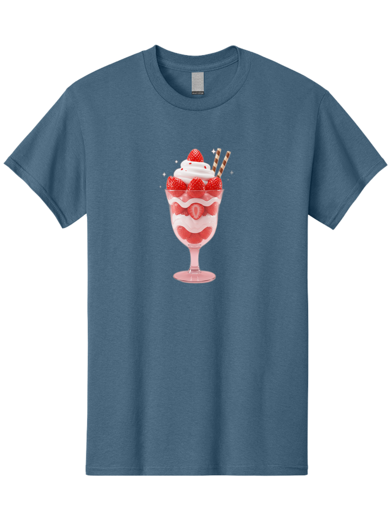 Strawberry-Sundae Men'S Graphic Tee, 100% Cotton, Comfortable Casual Summer Wear, Machine Washable, Strawberry Dessert, Sweet Treat, Layered Parfait, Whipped Cream Topping, Fresh Strawberries, Red And White Colors, Striped Straws, Bac485
