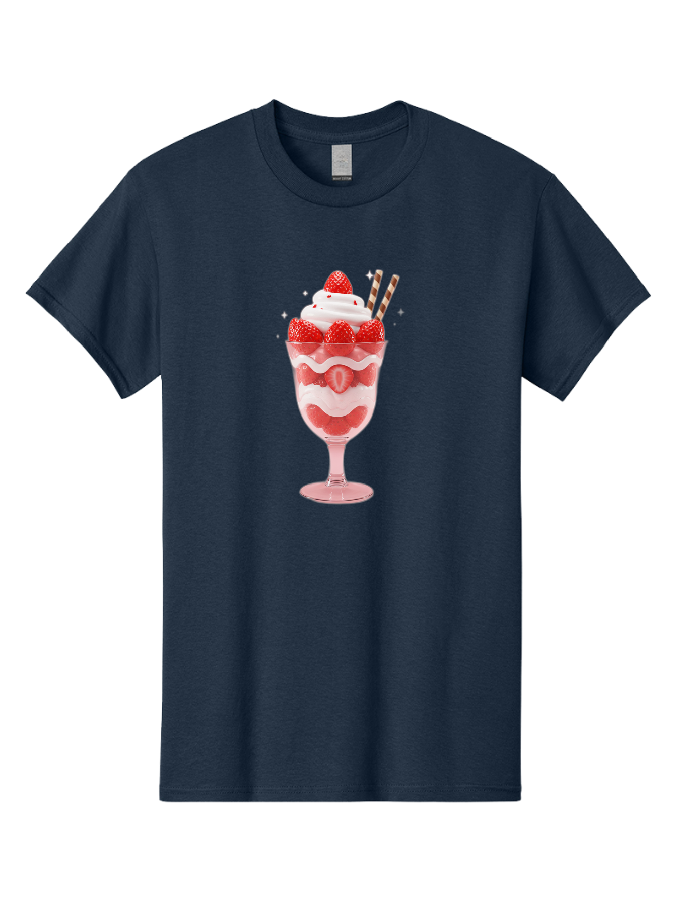 Strawberry-Sundae Men'S Graphic Tee, 100% Cotton, Comfortable Casual Summer Wear, Machine Washable, Strawberry Dessert, Sweet Treat, Layered Parfait, Whipped Cream Topping, Fresh Strawberries, Red And White Colors, Striped Straws, Bac485