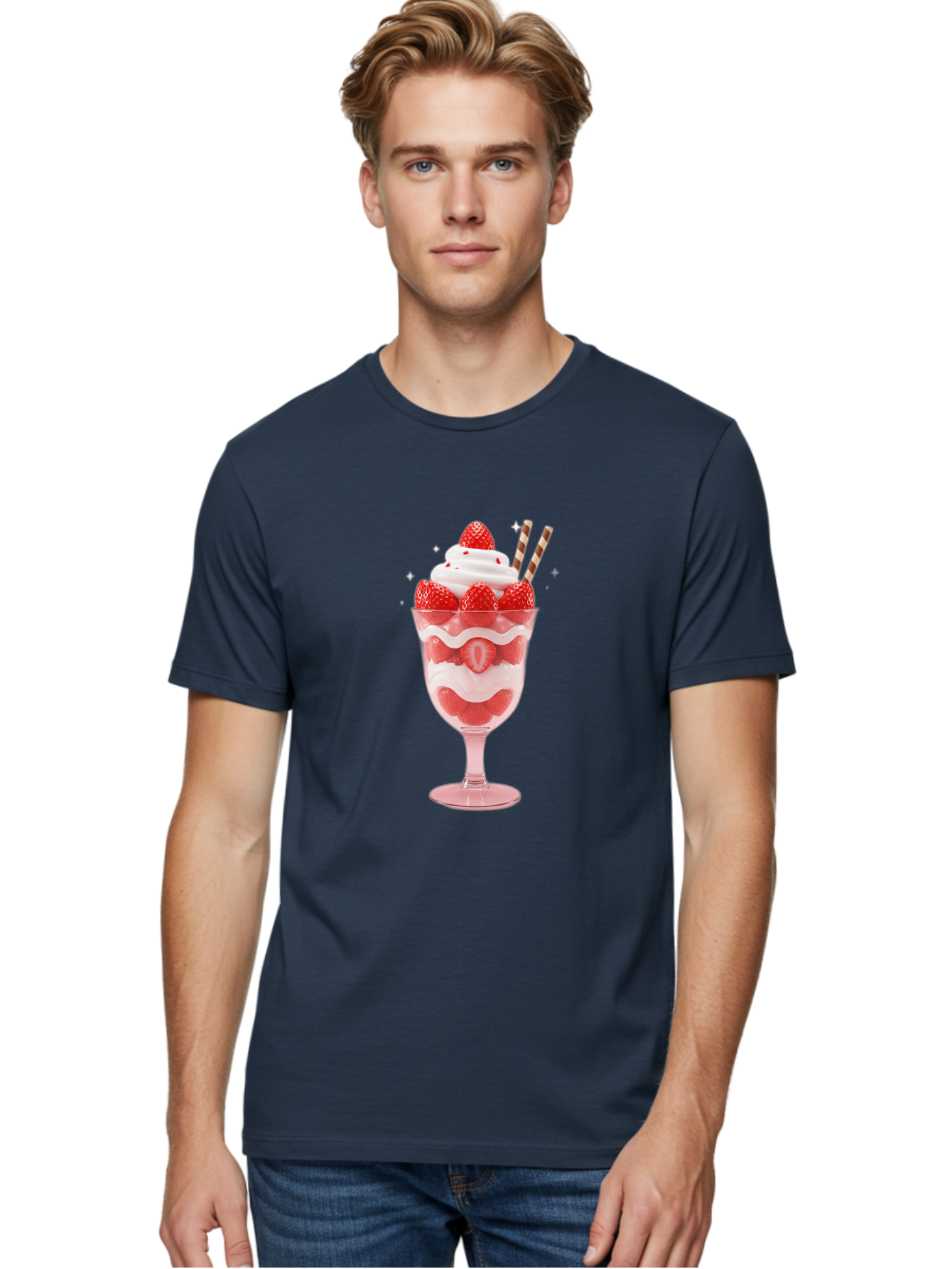 Strawberry-Sundae Men'S Graphic Tee, 100% Cotton, Comfortable Casual Summer Wear, Machine Washable, Strawberry Dessert, Sweet Treat, Layered Parfait, Whipped Cream Topping, Fresh Strawberries, Red And White Colors, Striped Straws, Bac485
