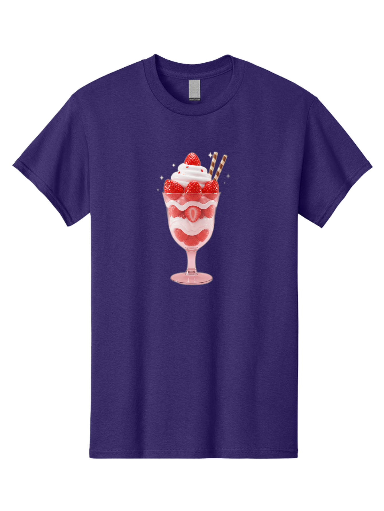 Strawberry-Sundae Men'S Graphic Tee, 100% Cotton, Comfortable Casual Summer Wear, Machine Washable, Strawberry Dessert, Sweet Treat, Layered Parfait, Whipped Cream Topping, Fresh Strawberries, Red And White Colors, Striped Straws, Bac485