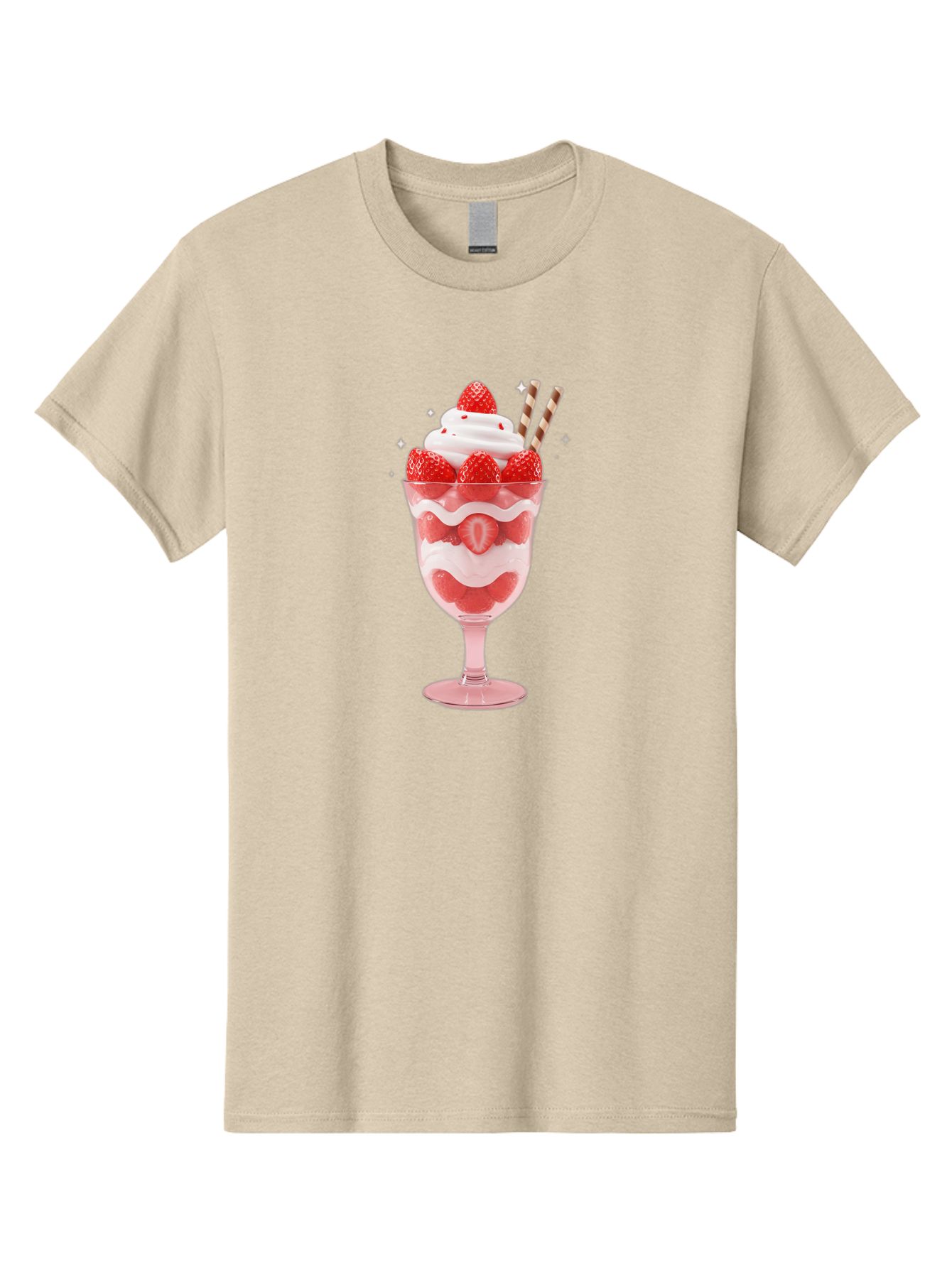 Strawberry-Sundae Men'S Graphic Tee, 100% Cotton, Comfortable Casual Summer Wear, Machine Washable, Strawberry Dessert, Sweet Treat, Layered Parfait, Whipped Cream Topping, Fresh Strawberries, Red And White Colors, Striped Straws, Bac485