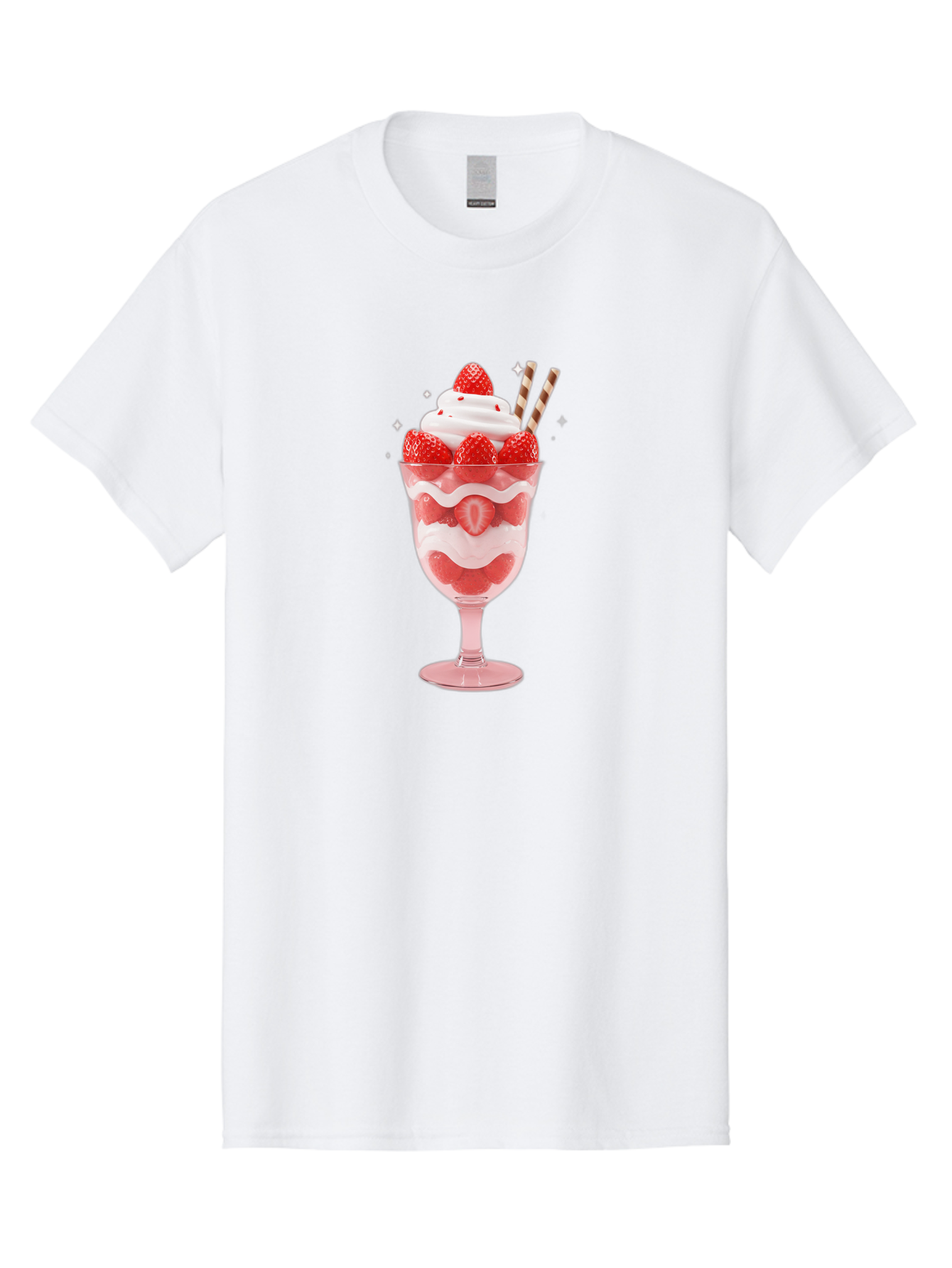 Strawberry-Sundae Men'S Graphic Tee, 100% Cotton, Comfortable Casual Summer Wear, Machine Washable, Strawberry Dessert, Sweet Treat, Layered Parfait, Whipped Cream Topping, Fresh Strawberries, Red And White Colors, Striped Straws, Bac485