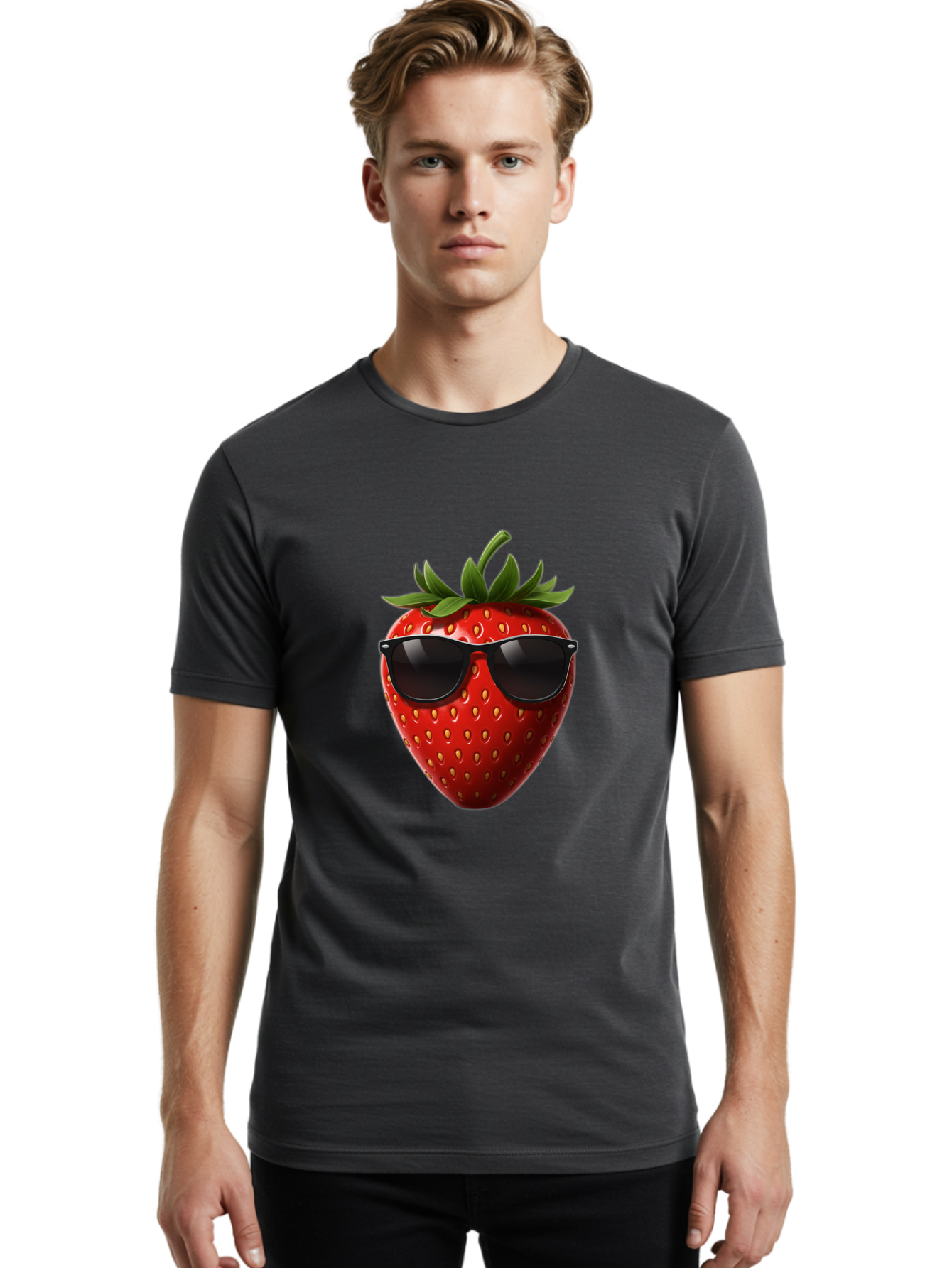 Strawberry-Sunglasses-1 Men'S Graphic Tee, 100% Cotton, Comfortable Casual Summer Wear, Machine Washable, Strawberry Wearing Sunglasses, Cool Fruit, Funny Illustration, Trendy Design, Summer Vibes, Red Strawberry, Sunglasses Style, Bac486