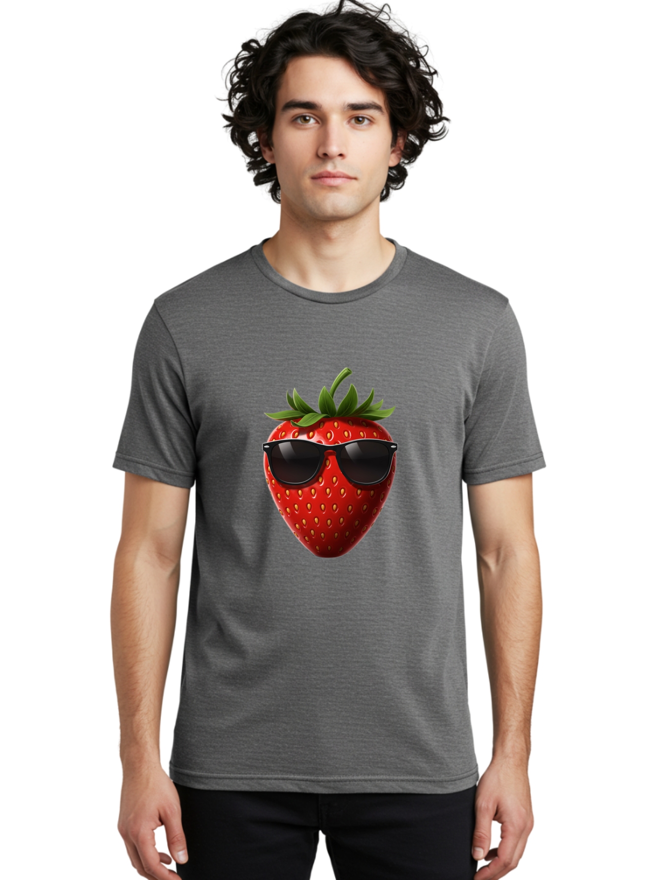 Strawberry-Sunglasses-1 Men'S Graphic Tee, 100% Cotton, Comfortable Casual Summer Wear, Machine Washable, Strawberry Wearing Sunglasses, Cool Fruit, Funny Illustration, Trendy Design, Summer Vibes, Red Strawberry, Sunglasses Style, Bac486