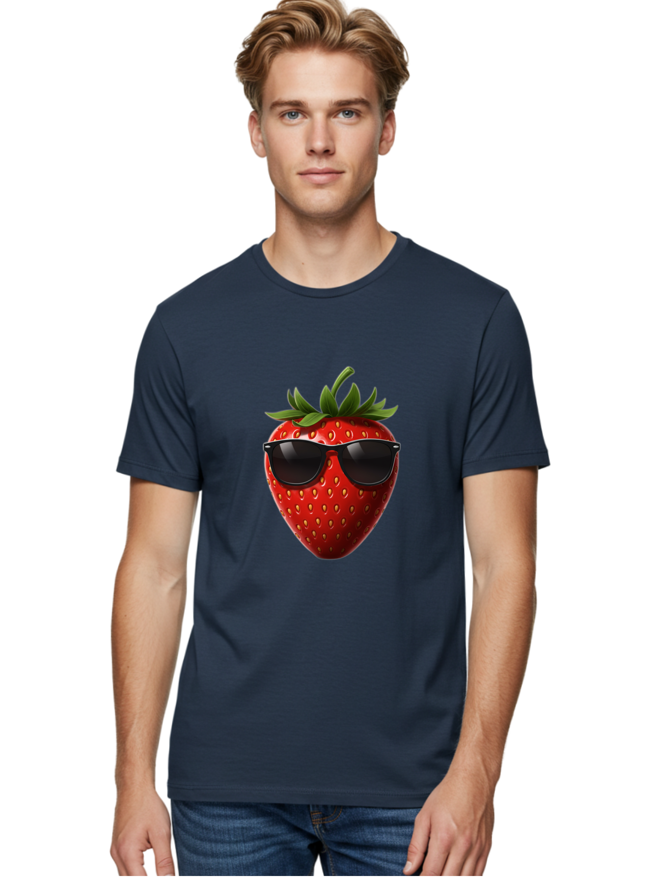Strawberry-Sunglasses-1 Men'S Graphic Tee, 100% Cotton, Comfortable Casual Summer Wear, Machine Washable, Strawberry Wearing Sunglasses, Cool Fruit, Funny Illustration, Trendy Design, Summer Vibes, Red Strawberry, Sunglasses Style, Bac486