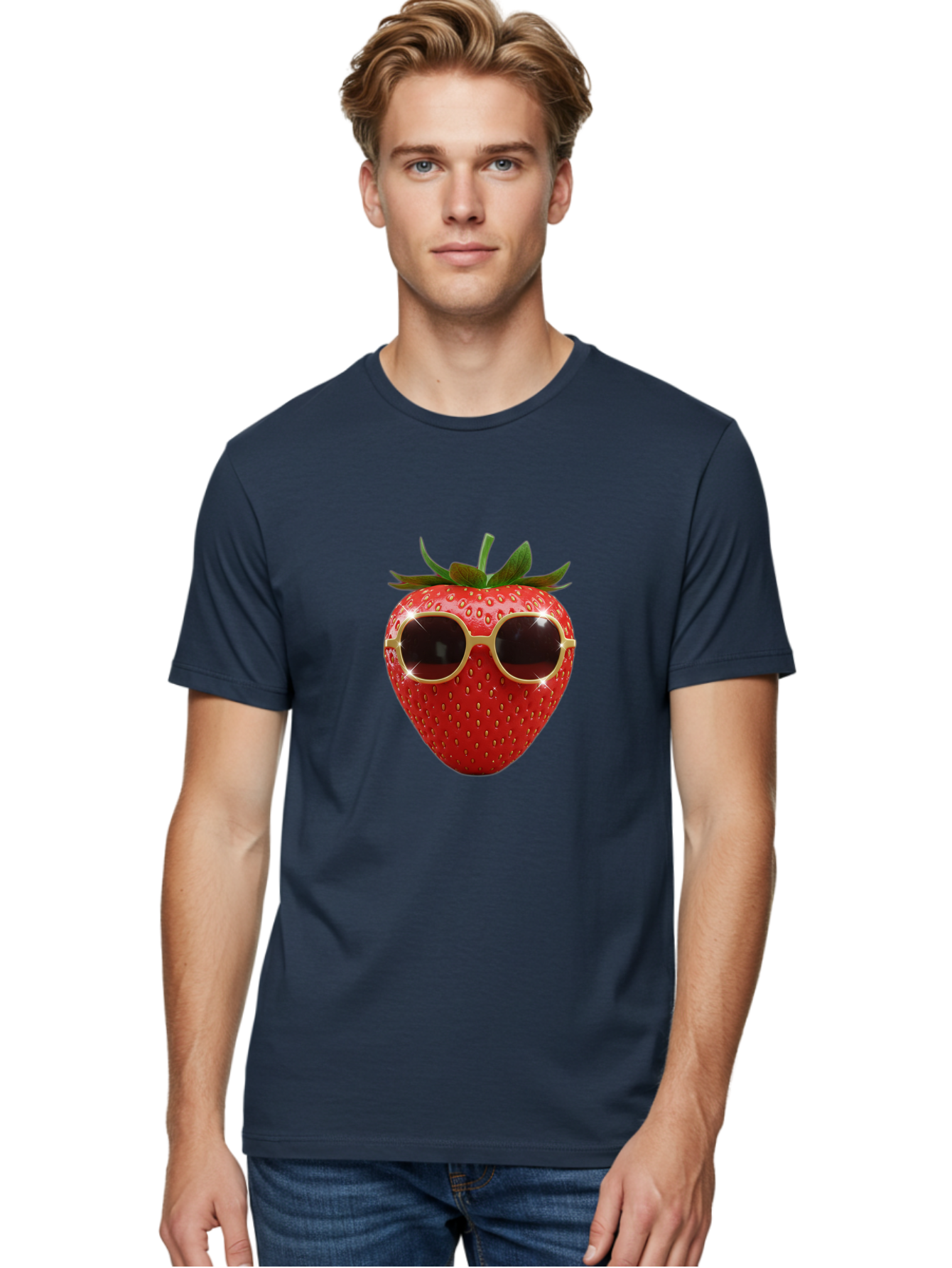 Strawberry-Sunglasses-2 Men'S Graphic Tee, 100% Cotton, Comfortable Casual Summer Wear, Machine Washable, Strawberry Wearing Sunglasses, Funny Fruit, Quirky Character, Red Strawberries, Cool Shades, Fresh Produce, Playful Vibe, Summer Fun Bac487