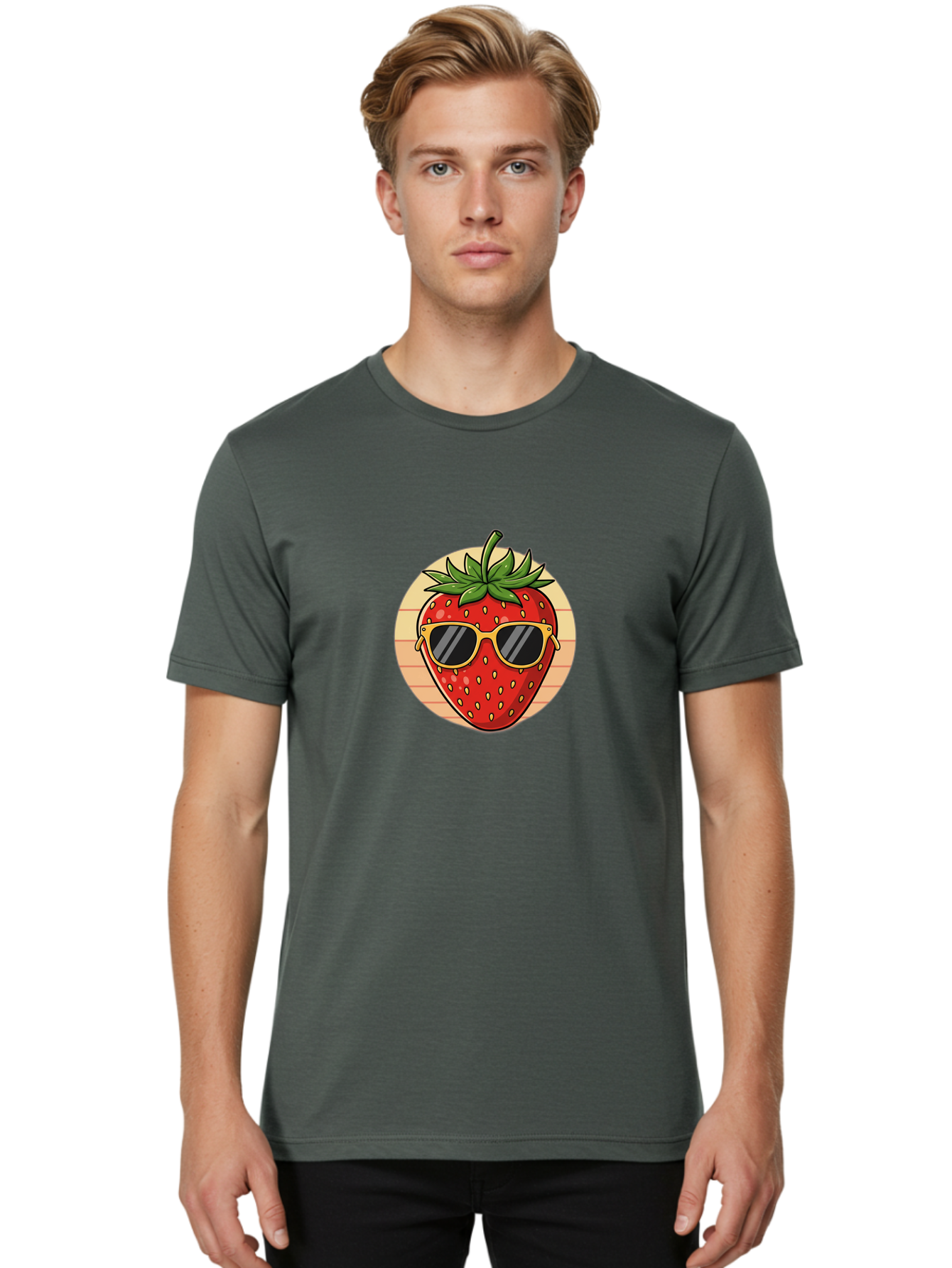 Strawberry-Sunglasses-3 Men'S Graphic Tee, 100% Cotton, Comfortable Casual Summer Wear, Machine Washable, Summer Fruit, Cool Strawberry, Yellow Sunglasses, Trendy Design, Red Fruit, Green Leaves, Cartoon Character, Fun Illustration, Bac488