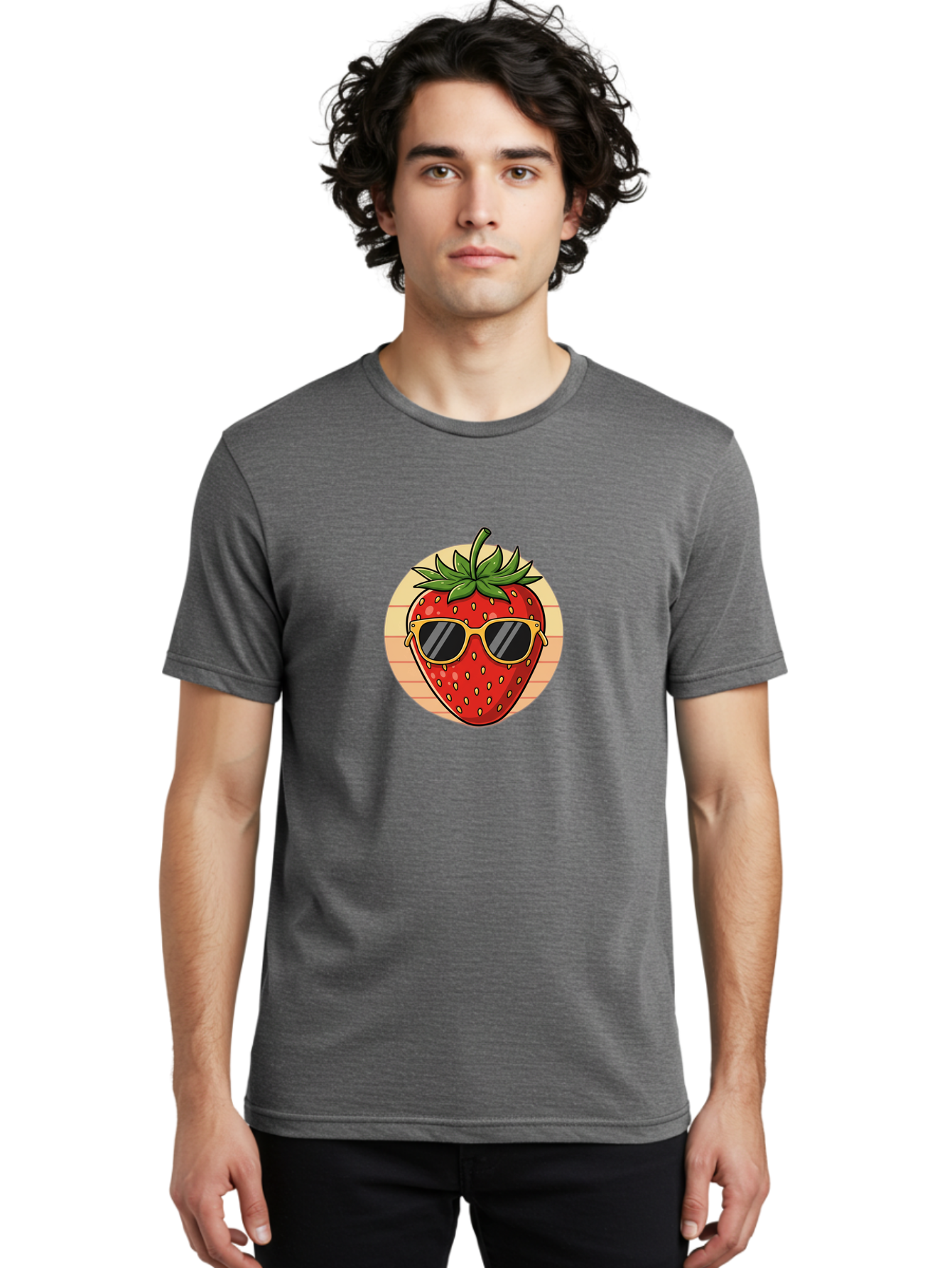 Strawberry-Sunglasses-3 Men'S Graphic Tee, 100% Cotton, Comfortable Casual Summer Wear, Machine Washable, Summer Fruit, Cool Strawberry, Yellow Sunglasses, Trendy Design, Red Fruit, Green Leaves, Cartoon Character, Fun Illustration, Bac488