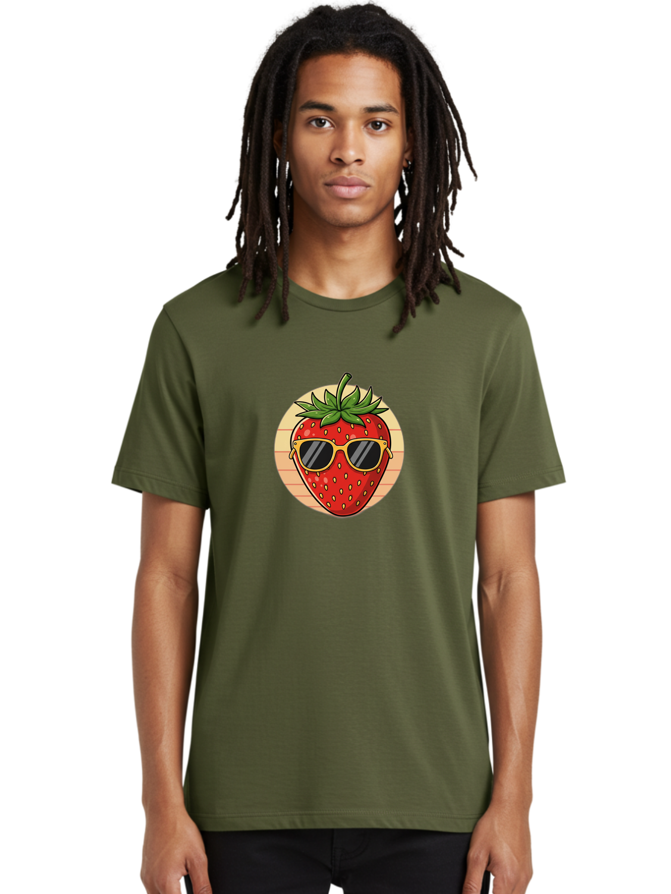 Strawberry-Sunglasses-3 Men'S Graphic Tee, 100% Cotton, Comfortable Casual Summer Wear, Machine Washable, Summer Fruit, Cool Strawberry, Yellow Sunglasses, Trendy Design, Red Fruit, Green Leaves, Cartoon Character, Fun Illustration, Bac488
