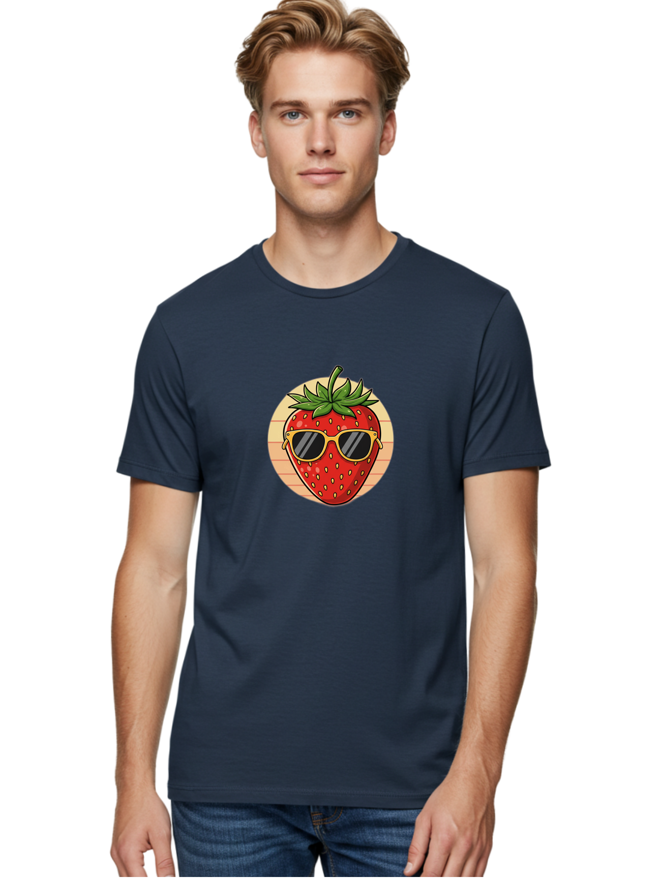Strawberry-Sunglasses-3 Men'S Graphic Tee, 100% Cotton, Comfortable Casual Summer Wear, Machine Washable, Summer Fruit, Cool Strawberry, Yellow Sunglasses, Trendy Design, Red Fruit, Green Leaves, Cartoon Character, Fun Illustration, Bac488