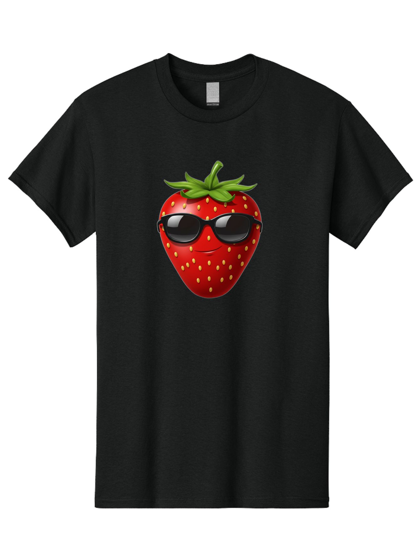 Strawberry-Sunglasses Men'S Graphic Tee, 100% Cotton, Comfortable Casual Summer Wear, Machine Washable, Strawberry Wearing Sunglasses, Cool Strawberry, Fruit Character, Smiling Face, Black Shades, Yellow Seeds, Cartoon Style, Fun Design, Bac489