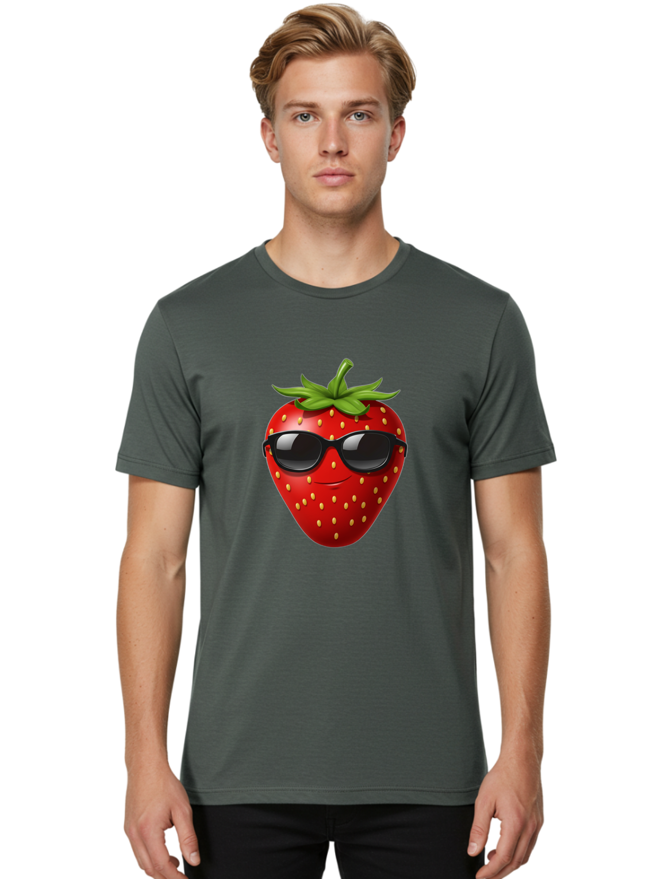 Strawberry-Sunglasses Men'S Graphic Tee, 100% Cotton, Comfortable Casual Summer Wear, Machine Washable, Strawberry Wearing Sunglasses, Cool Strawberry, Fruit Character, Smiling Face, Black Shades, Yellow Seeds, Cartoon Style, Fun Design, Bac489