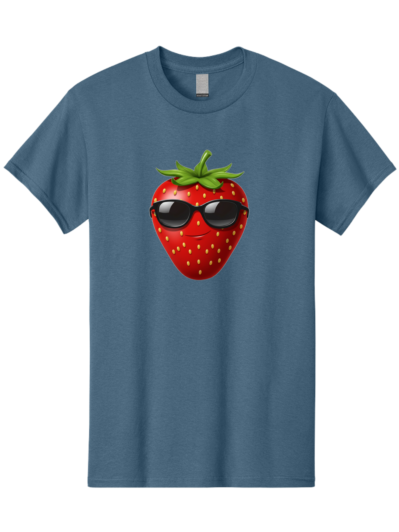 Strawberry-Sunglasses Men'S Graphic Tee, 100% Cotton, Comfortable Casual Summer Wear, Machine Washable, Strawberry Wearing Sunglasses, Cool Strawberry, Fruit Character, Smiling Face, Black Shades, Yellow Seeds, Cartoon Style, Fun Design, Bac489