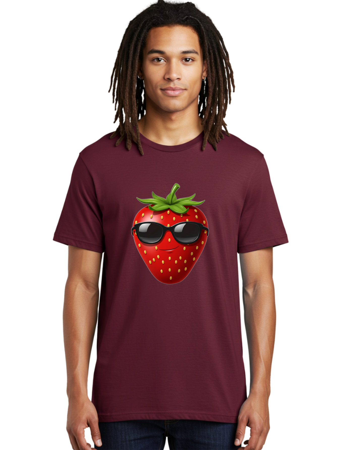 Strawberry-Sunglasses Men'S Graphic Tee, 100% Cotton, Comfortable Casual Summer Wear, Machine Washable, Strawberry Wearing Sunglasses, Cool Strawberry, Fruit Character, Smiling Face, Black Shades, Yellow Seeds, Cartoon Style, Fun Design, Bac489