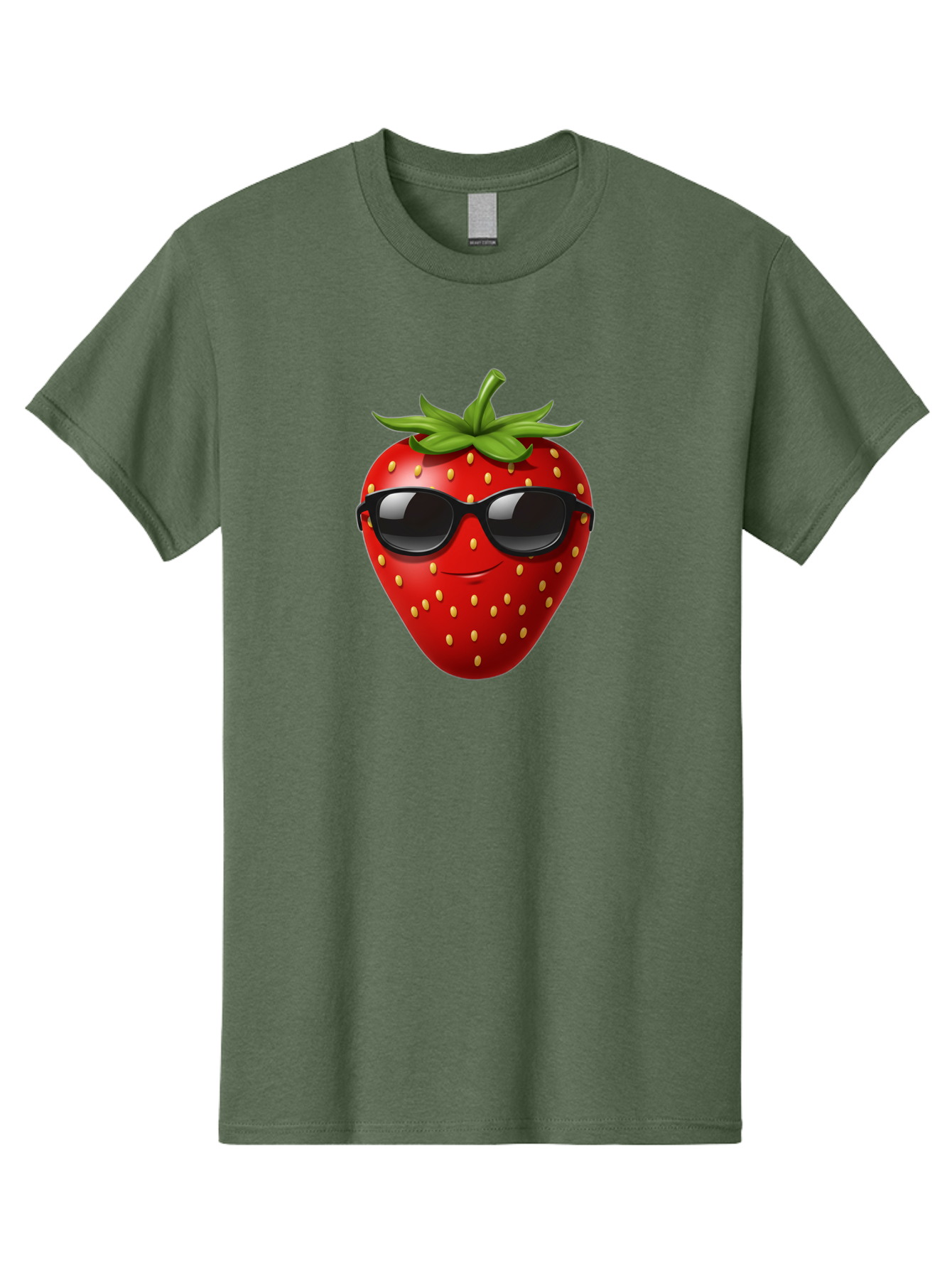 Strawberry-Sunglasses Men'S Graphic Tee, 100% Cotton, Comfortable Casual Summer Wear, Machine Washable, Strawberry Wearing Sunglasses, Cool Strawberry, Fruit Character, Smiling Face, Black Shades, Yellow Seeds, Cartoon Style, Fun Design, Bac489