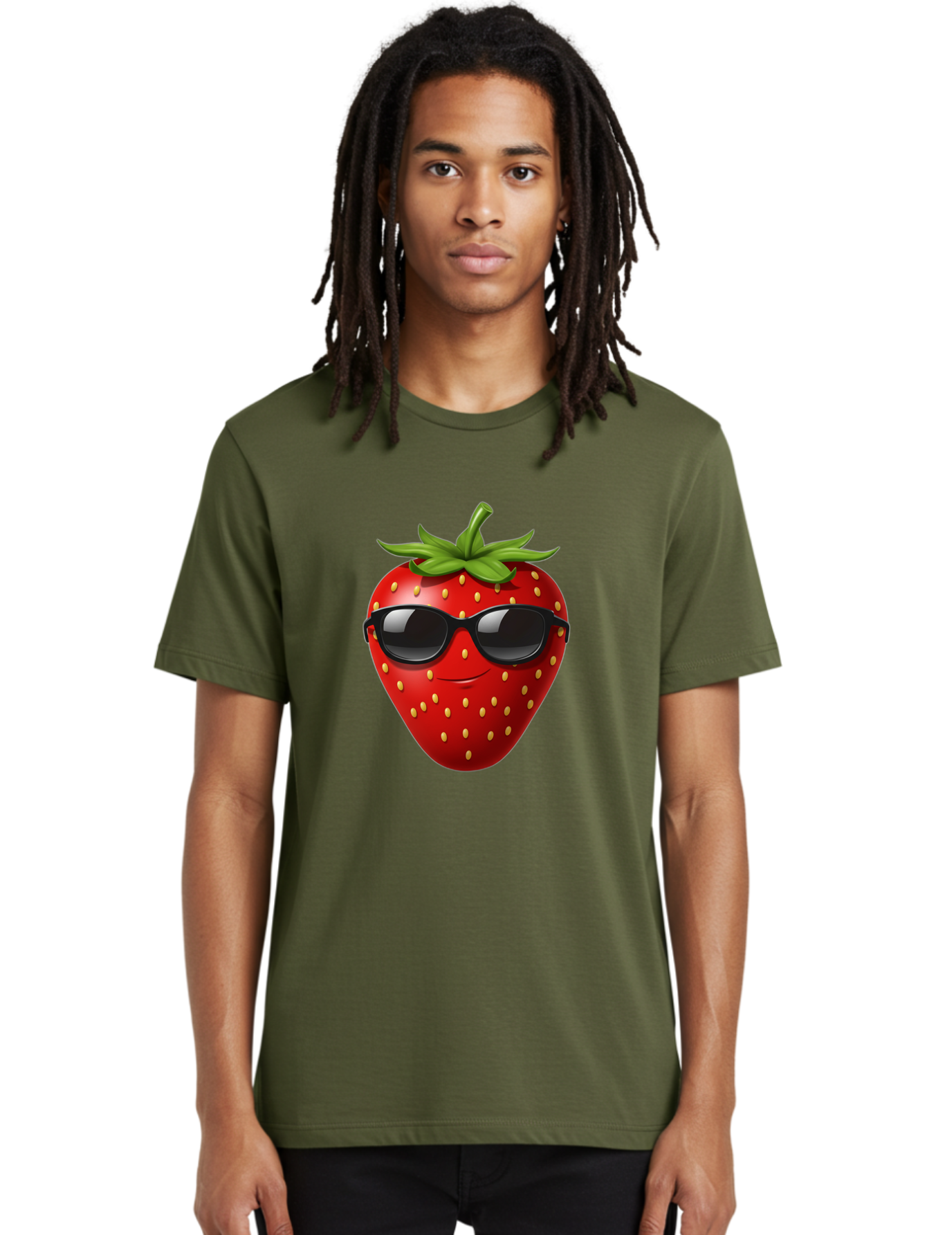 Strawberry-Sunglasses Men'S Graphic Tee, 100% Cotton, Comfortable Casual Summer Wear, Machine Washable, Strawberry Wearing Sunglasses, Cool Strawberry, Fruit Character, Smiling Face, Black Shades, Yellow Seeds, Cartoon Style, Fun Design, Bac489