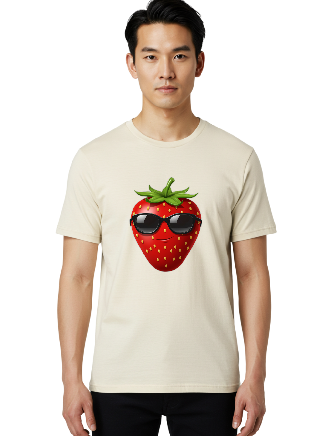 Strawberry-Sunglasses Men'S Graphic Tee, 100% Cotton, Comfortable Casual Summer Wear, Machine Washable, Strawberry Wearing Sunglasses, Cool Strawberry, Fruit Character, Smiling Face, Black Shades, Yellow Seeds, Cartoon Style, Fun Design, Bac489