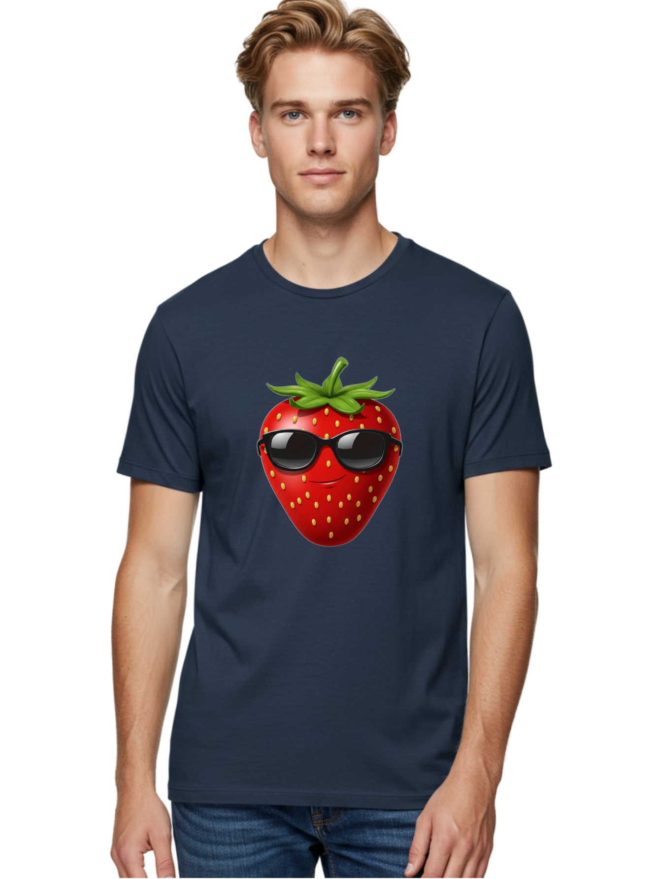 Strawberry-Sunglasses Men'S Graphic Tee, 100% Cotton, Comfortable Casual Summer Wear, Machine Washable, Strawberry Wearing Sunglasses, Cool Strawberry, Fruit Character, Smiling Face, Black Shades, Yellow Seeds, Cartoon Style, Fun Design, Bac489