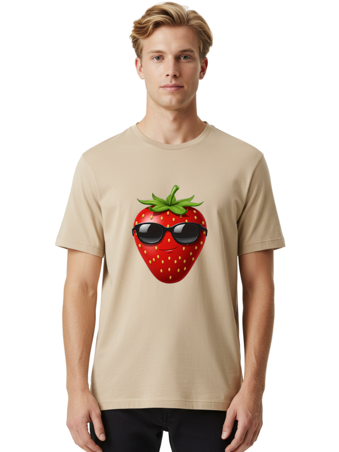Strawberry-Sunglasses Men'S Graphic Tee, 100% Cotton, Comfortable Casual Summer Wear, Machine Washable, Strawberry Wearing Sunglasses, Cool Strawberry, Fruit Character, Smiling Face, Black Shades, Yellow Seeds, Cartoon Style, Fun Design, Bac489