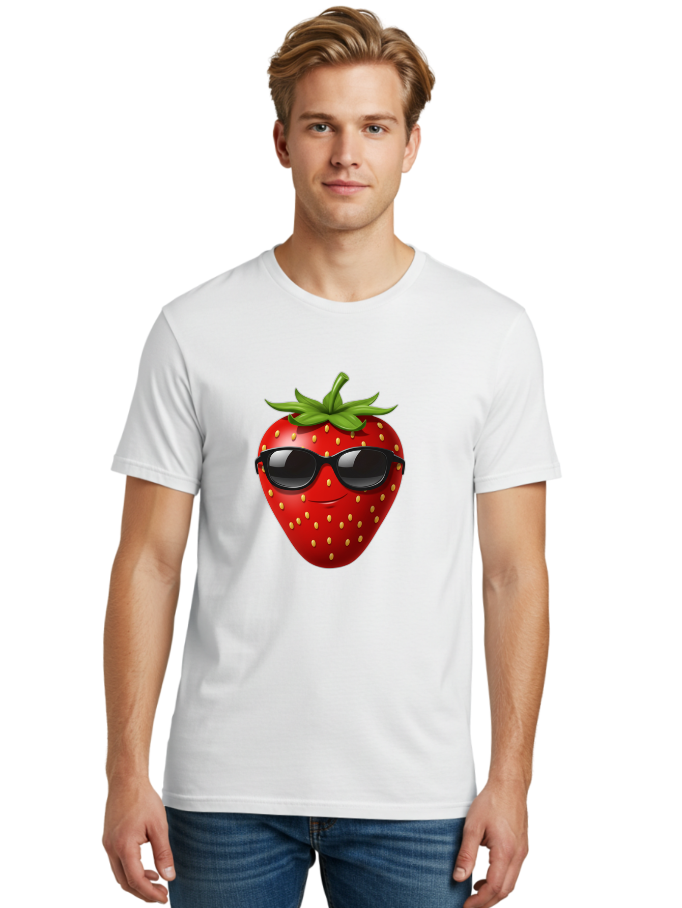 Strawberry-Sunglasses Men'S Graphic Tee, 100% Cotton, Comfortable Casual Summer Wear, Machine Washable, Strawberry Wearing Sunglasses, Cool Strawberry, Fruit Character, Smiling Face, Black Shades, Yellow Seeds, Cartoon Style, Fun Design, Bac489