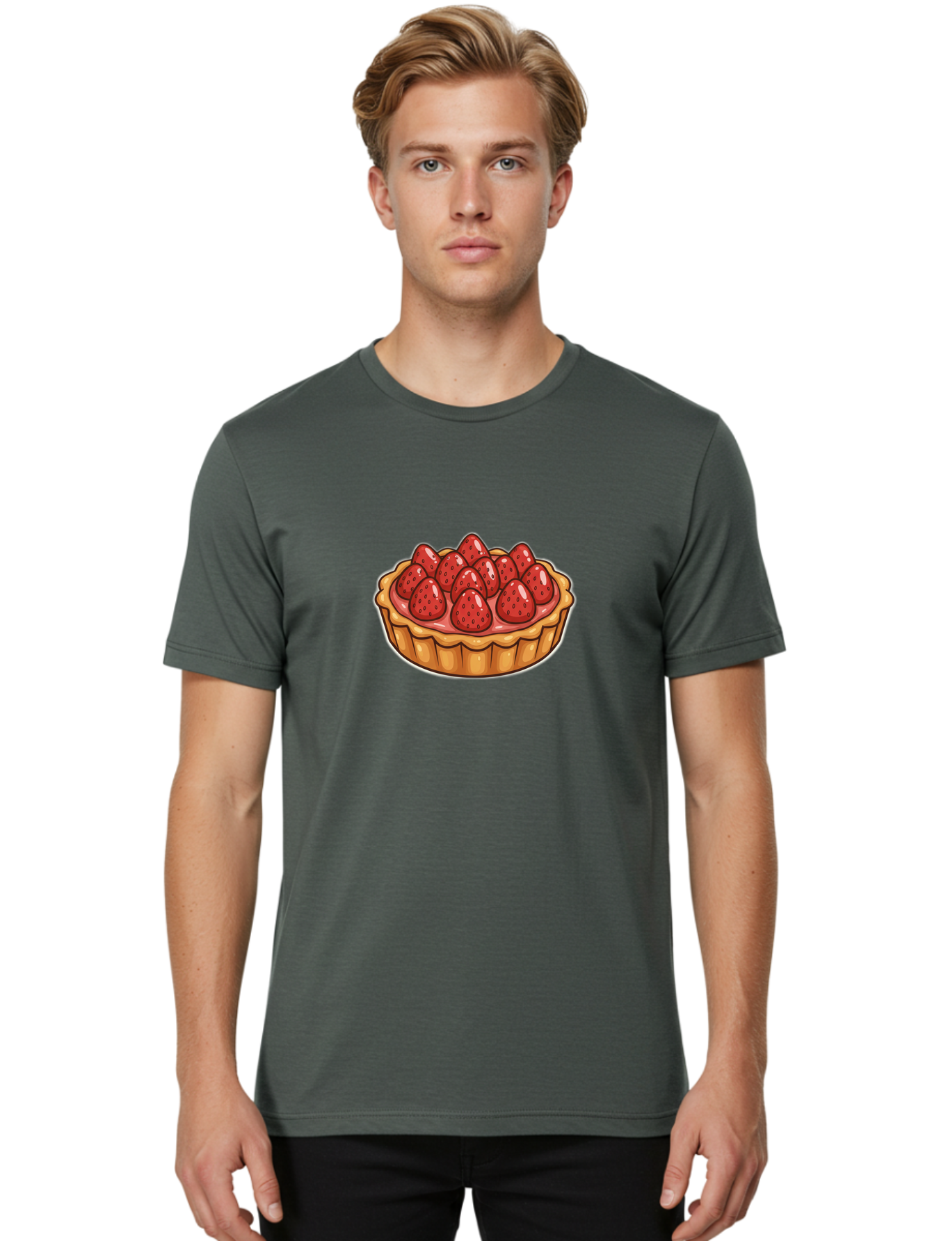 Strawberry-Tart Men'S Graphic Tee, 100% Cotton, Comfortable Casual Summer Wear, Machine Washable, Strawberry Tart, Sweet Dessert, Fresh Strawberries, Pastry Crust, Gourmet Treat, Fruit Tart, Strawberry Topping, Dessert Illustration, Bac490