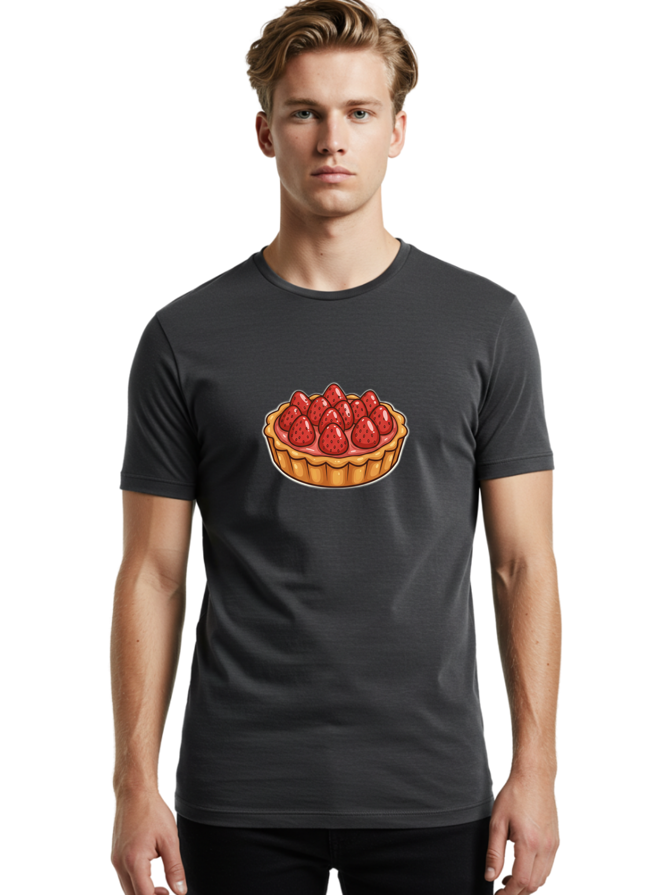 Strawberry-Tart Men'S Graphic Tee, 100% Cotton, Comfortable Casual Summer Wear, Machine Washable, Strawberry Tart, Sweet Dessert, Fresh Strawberries, Pastry Crust, Gourmet Treat, Fruit Tart, Strawberry Topping, Dessert Illustration, Bac490