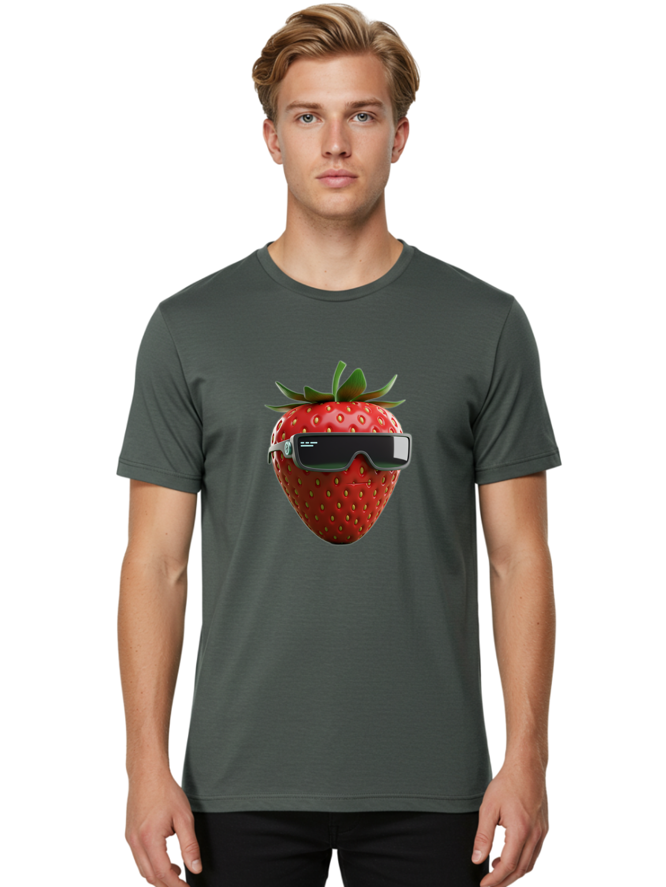 Strawberry-Virtual-Reality-Headset Men'S Graphic Tee, 100% Cotton, Comfortable Casual Summer Wear, Machine Washable, Strawberry Wearing Vr Headset, Futuristic Fruit, Virtual Reality, Augmented Reality, Tech-Savvy Strawberry, Innovative Design, Bac491