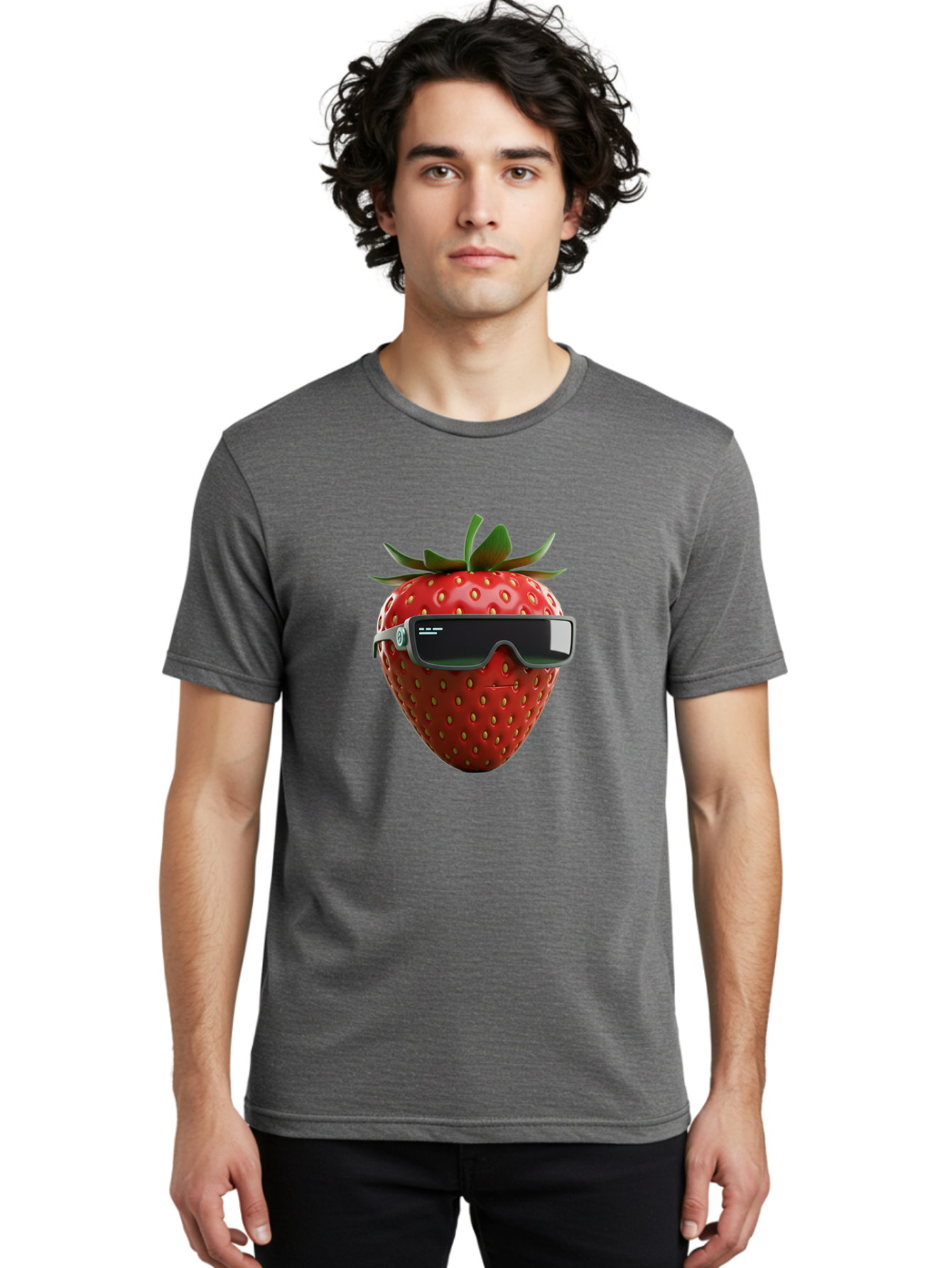 Strawberry-Virtual-Reality-Headset Men'S Graphic Tee, 100% Cotton, Comfortable Casual Summer Wear, Machine Washable, Strawberry Wearing Vr Headset, Futuristic Fruit, Virtual Reality, Augmented Reality, Tech-Savvy Strawberry, Innovative Design, Bac491