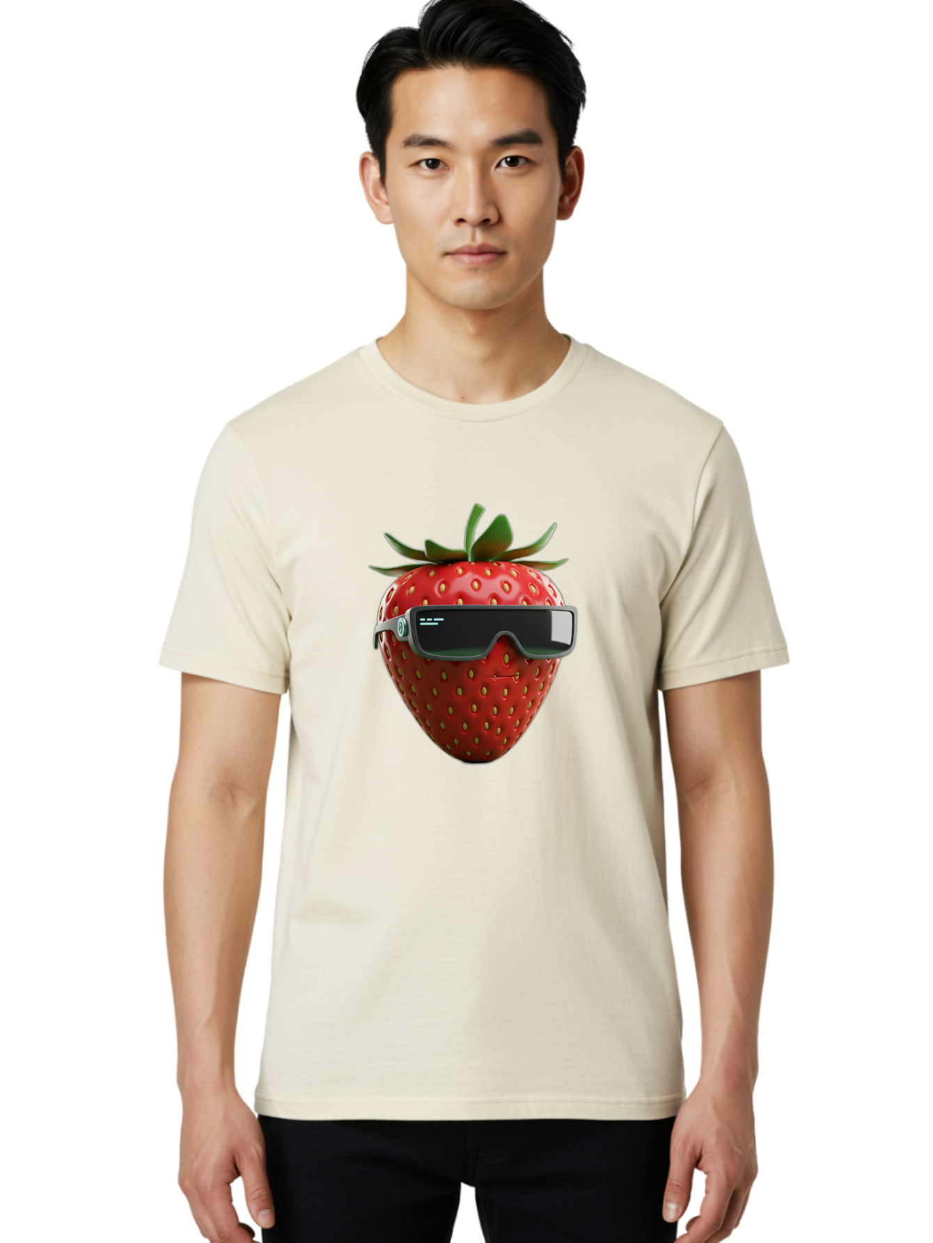 Strawberry-Virtual-Reality-Headset Men'S Graphic Tee, 100% Cotton, Comfortable Casual Summer Wear, Machine Washable, Strawberry Wearing Vr Headset, Futuristic Fruit, Virtual Reality, Augmented Reality, Tech-Savvy Strawberry, Innovative Design, Bac491