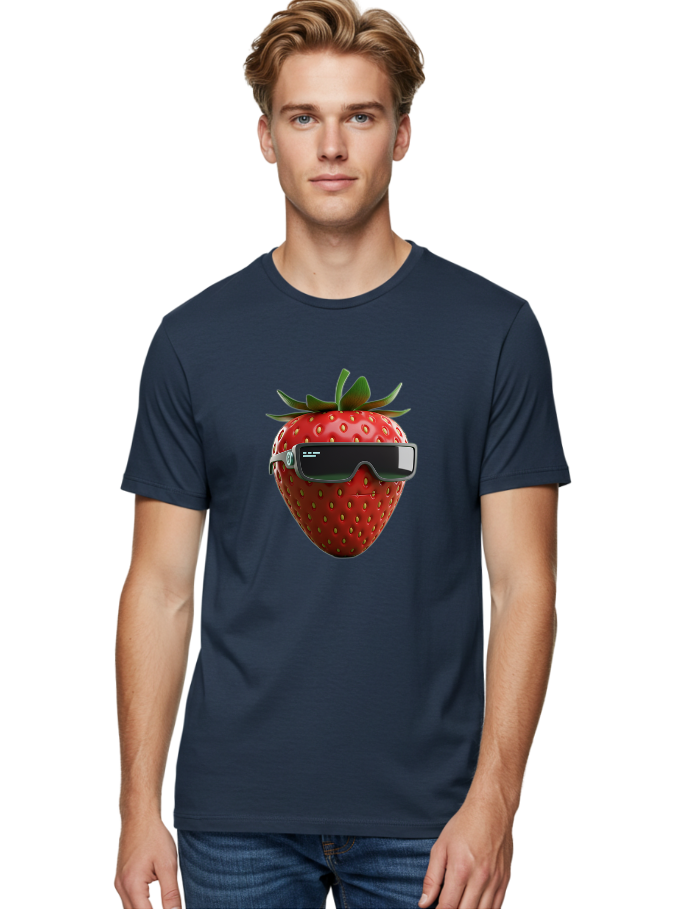 Strawberry-Virtual-Reality-Headset Men'S Graphic Tee, 100% Cotton, Comfortable Casual Summer Wear, Machine Washable, Strawberry Wearing Vr Headset, Futuristic Fruit, Virtual Reality, Augmented Reality, Tech-Savvy Strawberry, Innovative Design, Bac491
