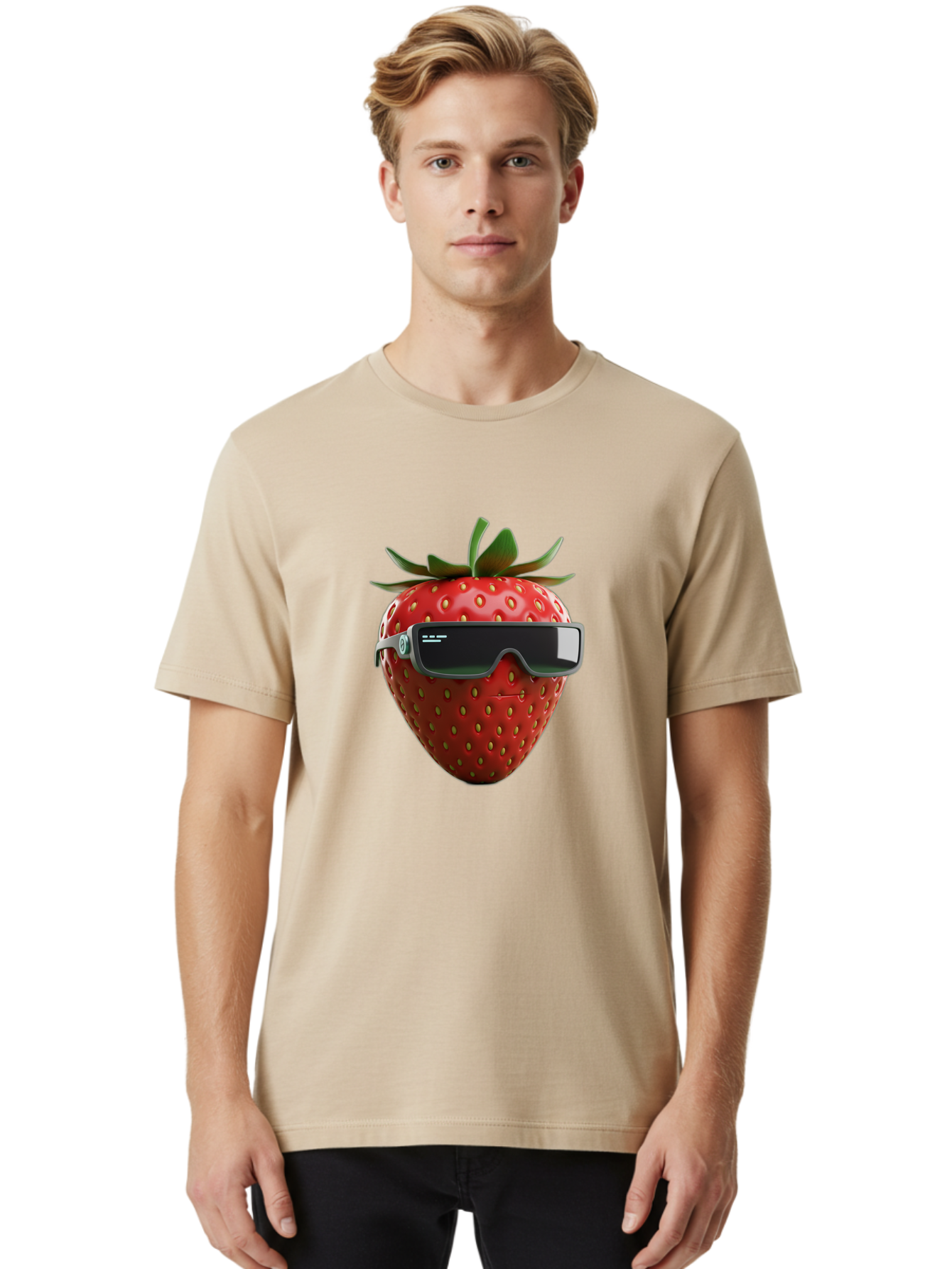 Strawberry-Virtual-Reality-Headset Men'S Graphic Tee, 100% Cotton, Comfortable Casual Summer Wear, Machine Washable, Strawberry Wearing Vr Headset, Futuristic Fruit, Virtual Reality, Augmented Reality, Tech-Savvy Strawberry, Innovative Design, Bac491