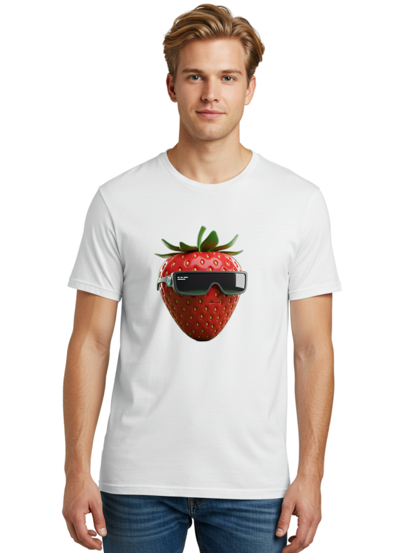 Strawberry-Virtual-Reality-Headset Men'S Graphic Tee, 100% Cotton, Comfortable Casual Summer Wear, Machine Washable, Strawberry Wearing Vr Headset, Futuristic Fruit, Virtual Reality, Augmented Reality, Tech-Savvy Strawberry, Innovative Design, Bac491