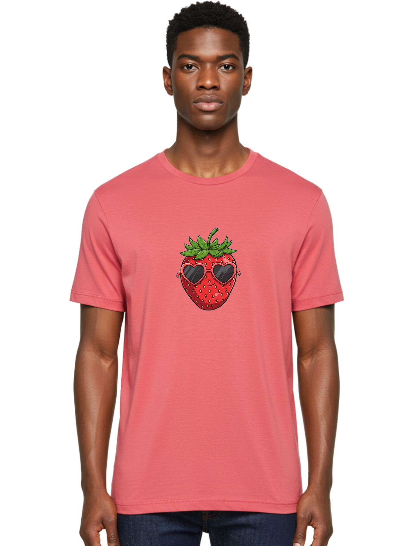 Strawberry-With-Heart-Sunglasses Men'S Graphic Tee, 100% Cotton, Comfortable Casual Summer Wear, Machine Washable, Strawberry With Sunglasses, Cool Strawberry, Heart-Shaped Shades, Trendy Fruit, Vibrant Red, Smiling Face, Summer Vibe, Bac492