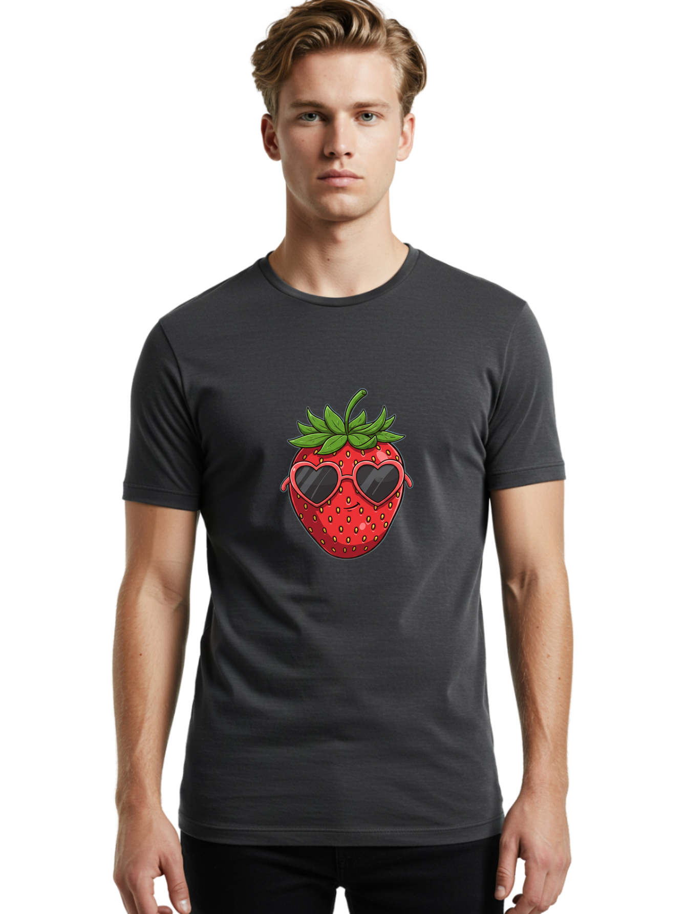 Strawberry-With-Heart-Sunglasses Men'S Graphic Tee, 100% Cotton, Comfortable Casual Summer Wear, Machine Washable, Strawberry With Sunglasses, Cool Strawberry, Heart-Shaped Shades, Trendy Fruit, Vibrant Red, Smiling Face, Summer Vibe, Bac492