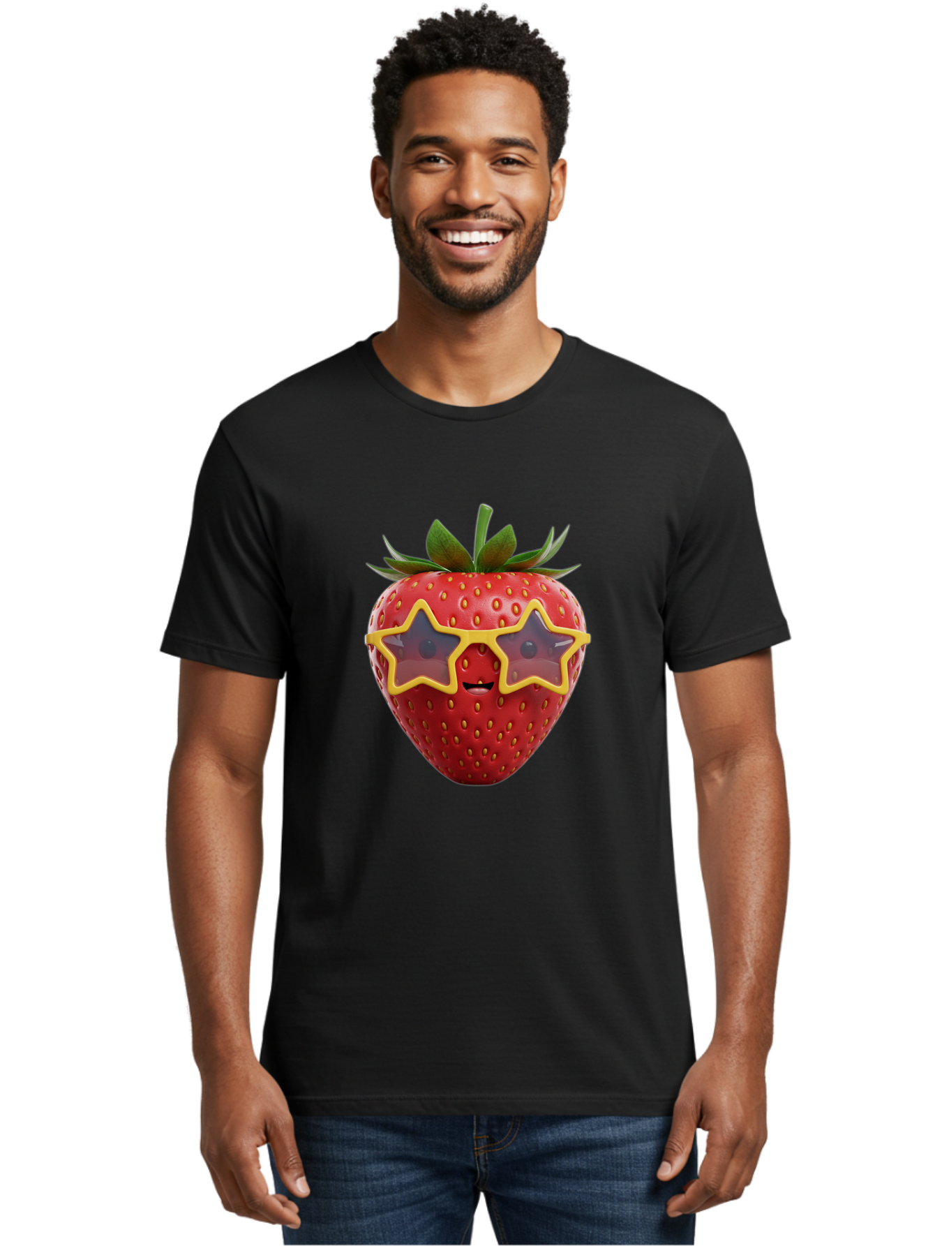 Strawberry-With-Shades Men'S Graphic Tee, 100% Cotton, Comfortable Casual Summer Wear, Machine Washable, Strawberry Wearing Sunglasses, Star-Shaped Shades, Cartoon Character, Fruit Illustration, Vibrant Red, Fun And Quirky, Playful Design, Bac493