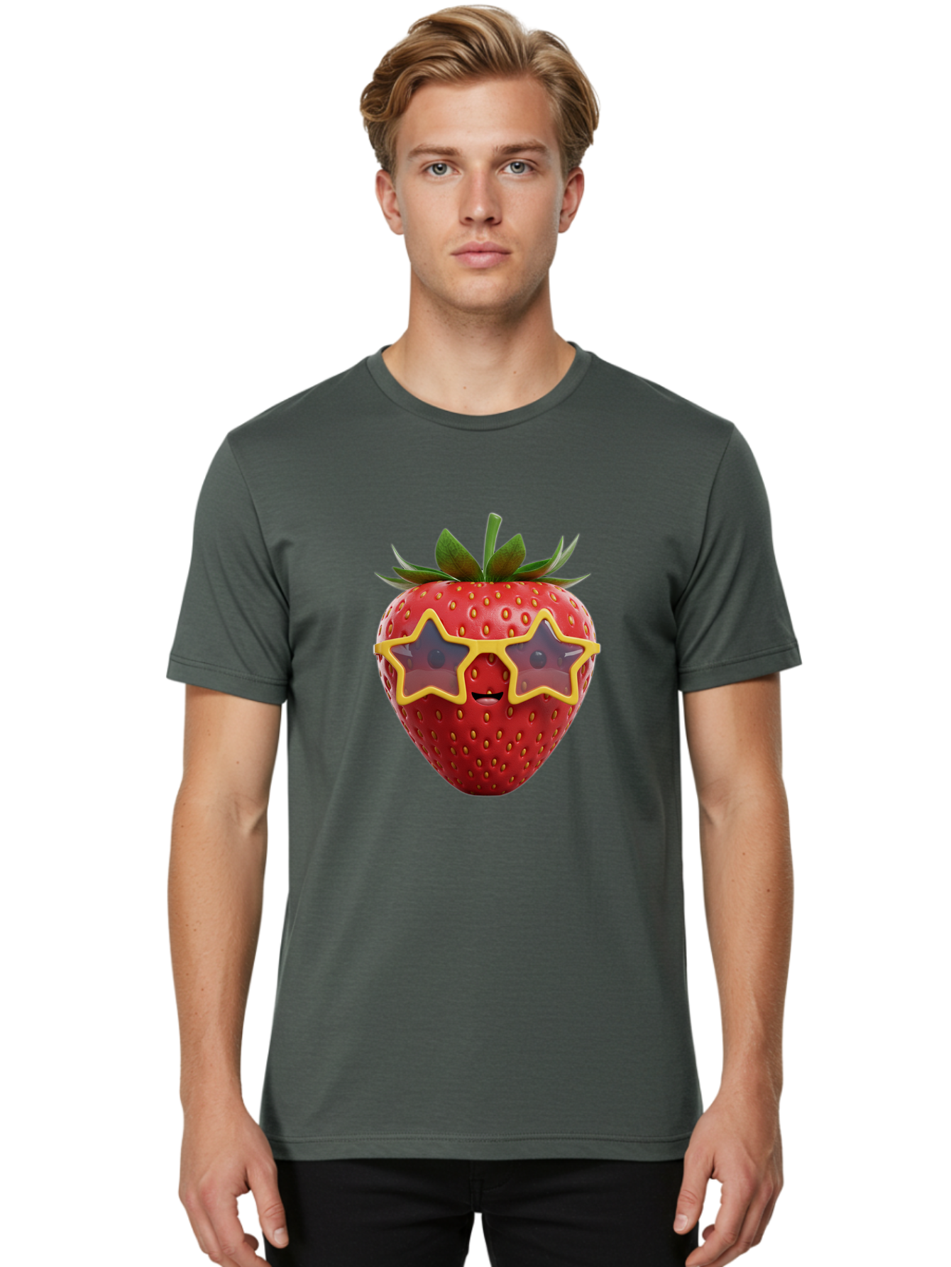 Strawberry-With-Shades Men'S Graphic Tee, 100% Cotton, Comfortable Casual Summer Wear, Machine Washable, Strawberry Wearing Sunglasses, Star-Shaped Shades, Cartoon Character, Fruit Illustration, Vibrant Red, Fun And Quirky, Playful Design, Bac493