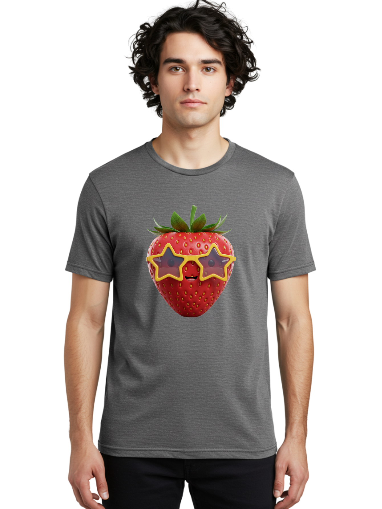 Strawberry-With-Shades Men'S Graphic Tee, 100% Cotton, Comfortable Casual Summer Wear, Machine Washable, Strawberry Wearing Sunglasses, Star-Shaped Shades, Cartoon Character, Fruit Illustration, Vibrant Red, Fun And Quirky, Playful Design, Bac493
