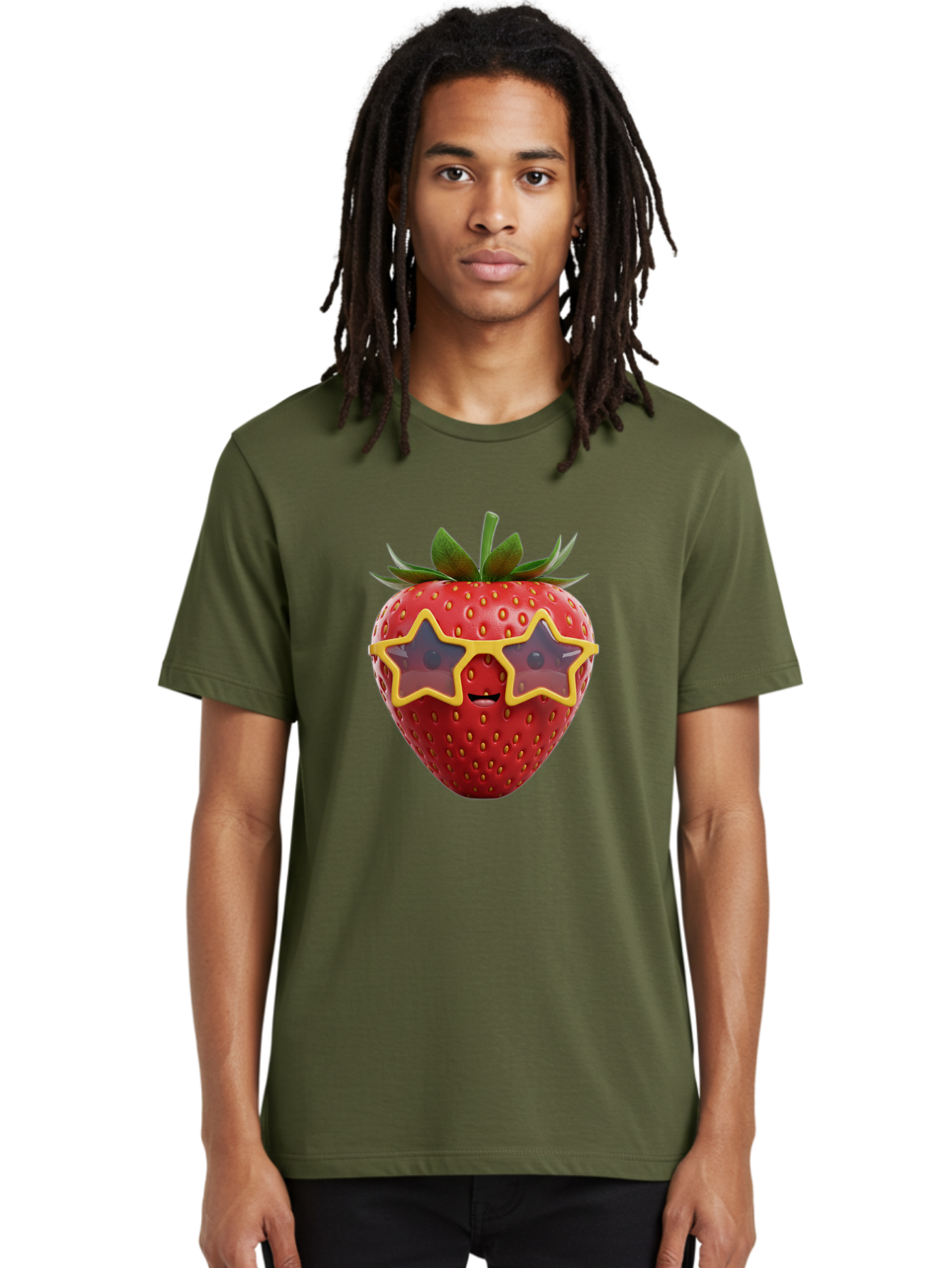 Strawberry-With-Shades Men'S Graphic Tee, 100% Cotton, Comfortable Casual Summer Wear, Machine Washable, Strawberry Wearing Sunglasses, Star-Shaped Shades, Cartoon Character, Fruit Illustration, Vibrant Red, Fun And Quirky, Playful Design, Bac493