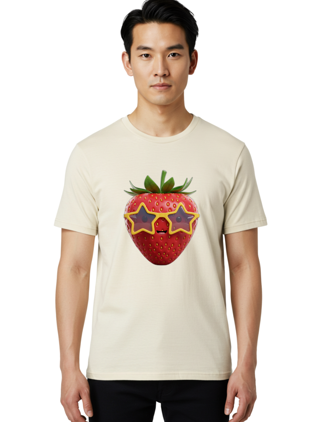 Strawberry-With-Shades Men'S Graphic Tee, 100% Cotton, Comfortable Casual Summer Wear, Machine Washable, Strawberry Wearing Sunglasses, Star-Shaped Shades, Cartoon Character, Fruit Illustration, Vibrant Red, Fun And Quirky, Playful Design, Bac493
