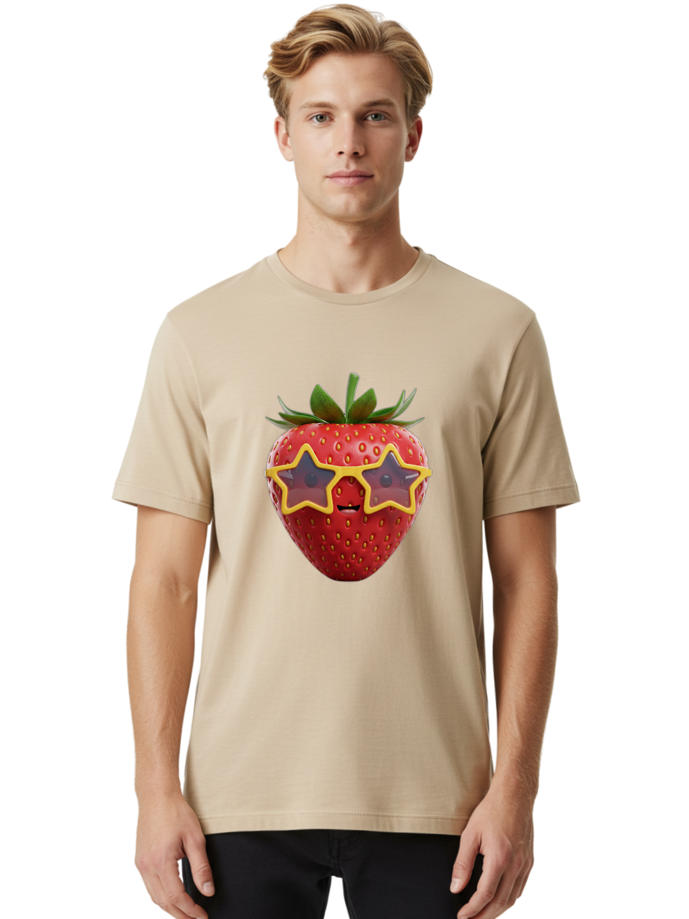 Strawberry-With-Shades Men'S Graphic Tee, 100% Cotton, Comfortable Casual Summer Wear, Machine Washable, Strawberry Wearing Sunglasses, Star-Shaped Shades, Cartoon Character, Fruit Illustration, Vibrant Red, Fun And Quirky, Playful Design, Bac493