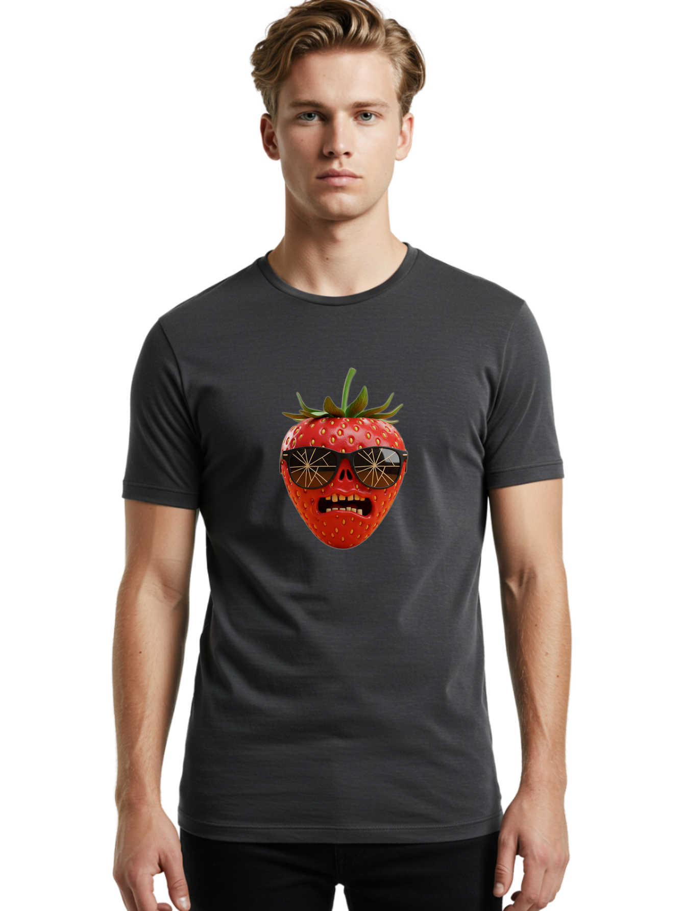Strawberry-With-Sunglasses Men'S Graphic Tee, 100% Cotton, Comfortable Casual Summer Wear, Machine Washable, Strawberry With Sunglasses, Skull Face, Gold Teeth, Futuristic Design, Funky Fruit, Quirky Art, Pop Culture, Funny Character, Bac494