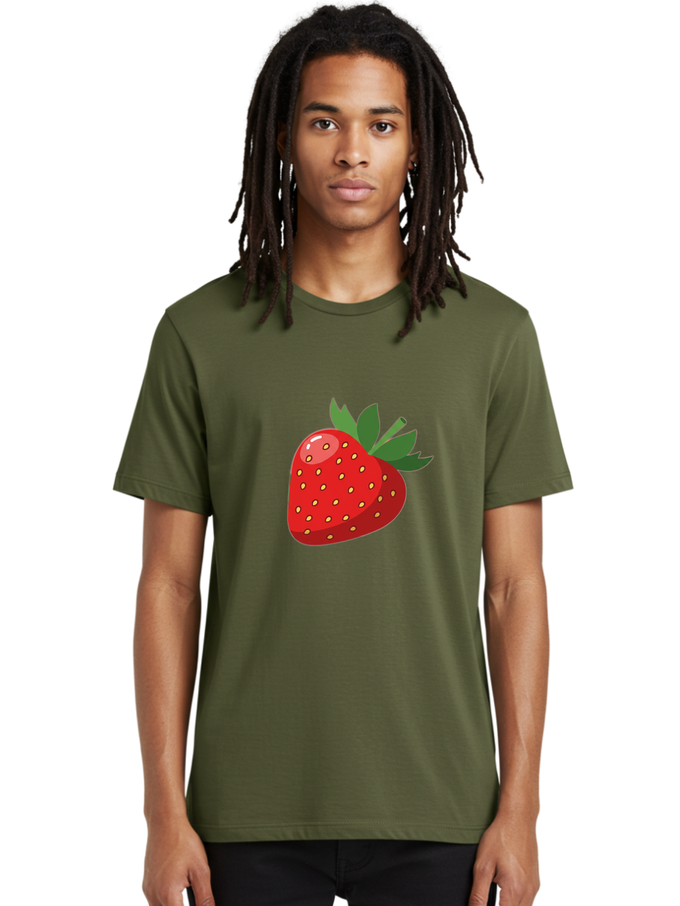 Strawberry Men'S Graphic Tee, 100% Cotton, Comfortable Casual Summer Wear, Machine Washable, Fresh Strawberry, Juicy Fruit, Red Strawberry, Green Leaves, Sweet Treat, Cartoon Illustration, Digital Art, Vibrant Red, Yellow Seeds Bac495