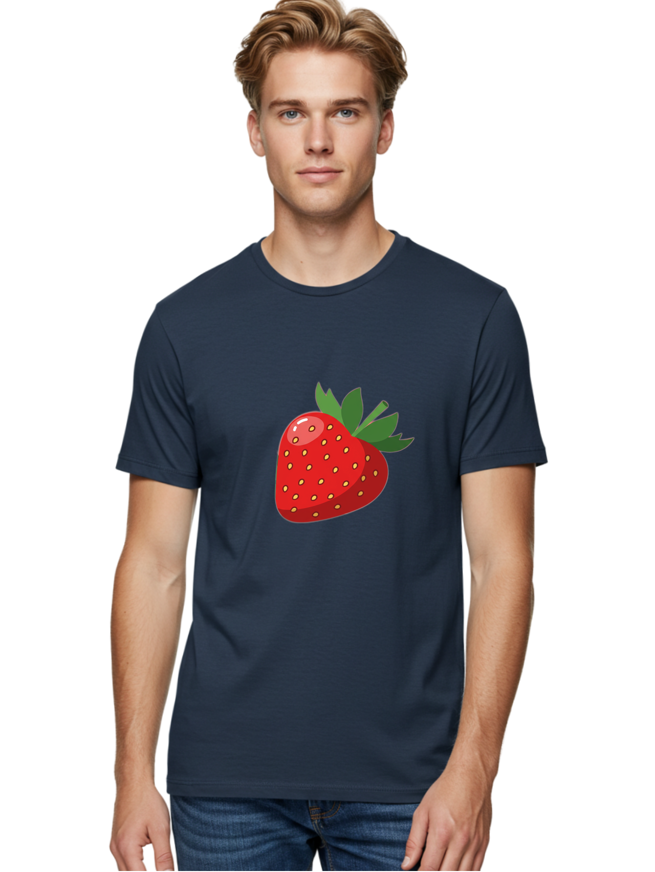 Strawberry Men'S Graphic Tee, 100% Cotton, Comfortable Casual Summer Wear, Machine Washable, Fresh Strawberry, Juicy Fruit, Red Strawberry, Green Leaves, Sweet Treat, Cartoon Illustration, Digital Art, Vibrant Red, Yellow Seeds Bac495