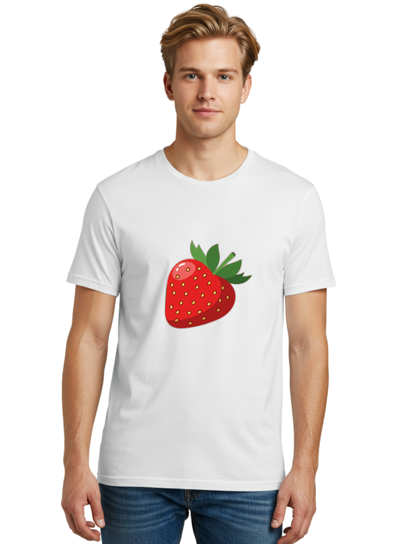 Strawberry Men'S Graphic Tee, 100% Cotton, Comfortable Casual Summer Wear, Machine Washable, Fresh Strawberry, Juicy Fruit, Red Strawberry, Green Leaves, Sweet Treat, Cartoon Illustration, Digital Art, Vibrant Red, Yellow Seeds Bac495