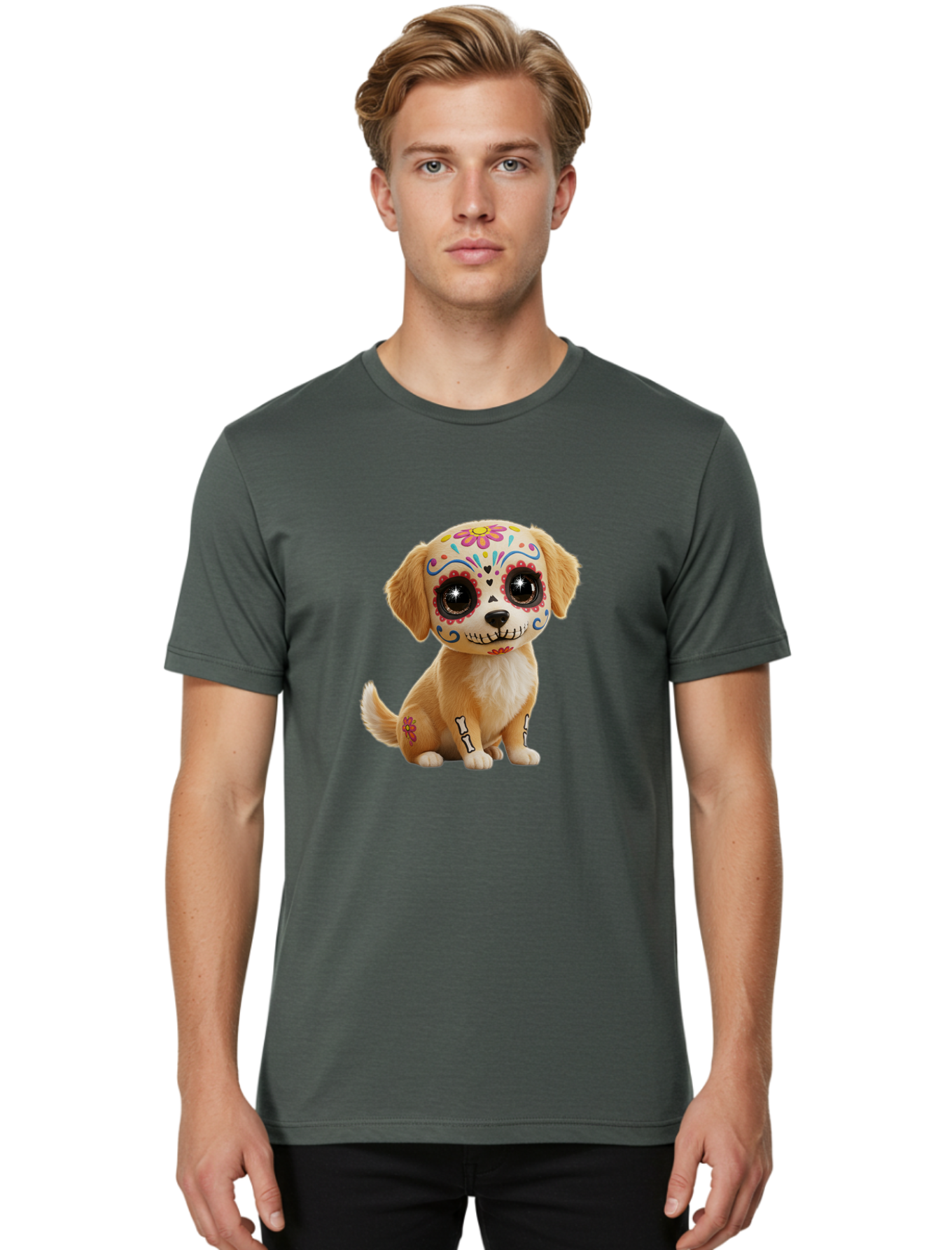 Sugar-Skull-Dog-1 Men'S Graphic Tee, 100% Cotton, Comfortable Casual Summer Wear, Machine Washable, Sugar Skull Dog, Day Of The Dead Puppy, Colorful Tattoos, Sparkly Eyes, Festive Design, Cute Animal, Decorative Art, Vibrant Patterns, Bac498