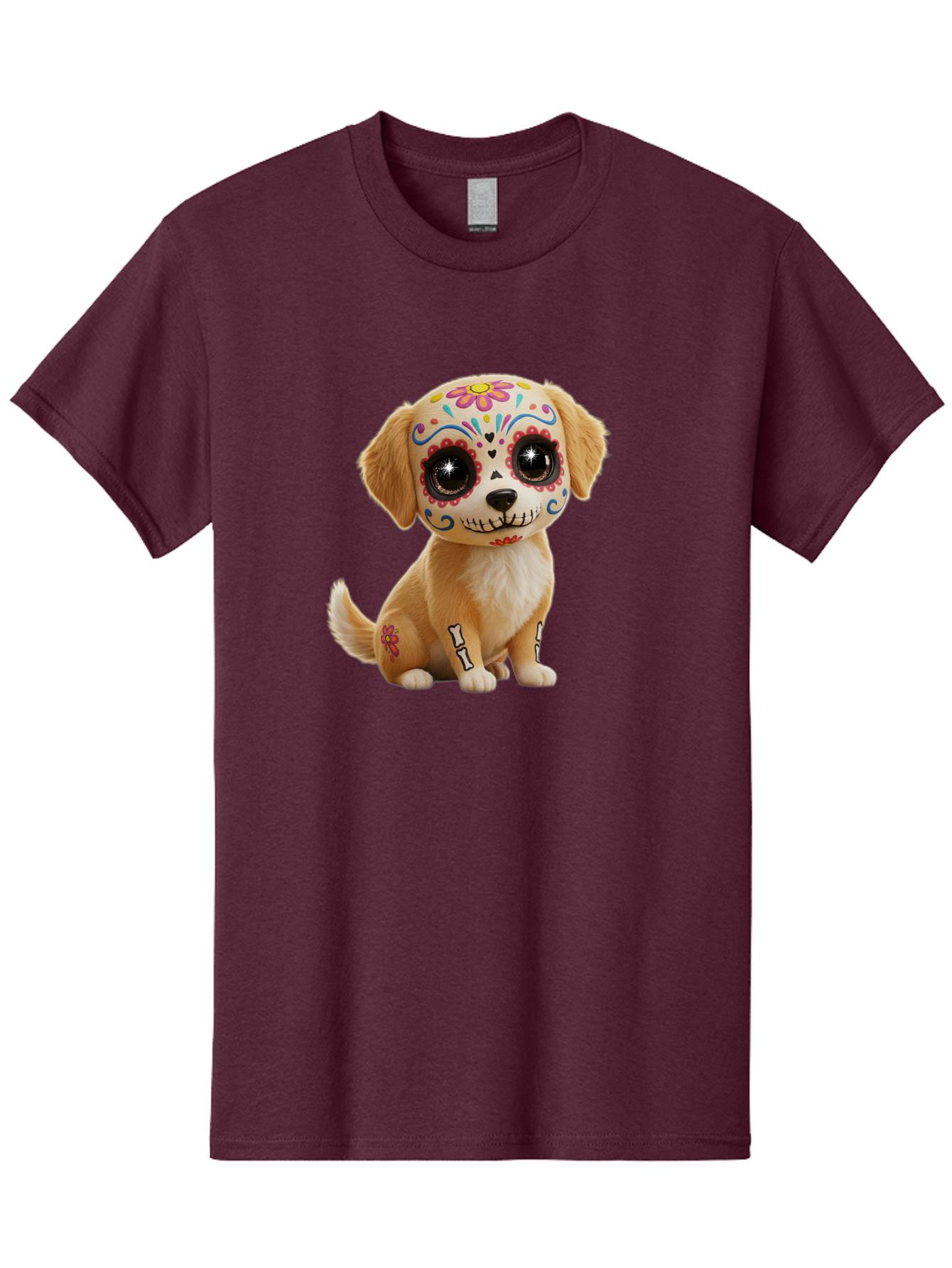 Sugar-Skull-Dog-1 Men'S Graphic Tee, 100% Cotton, Comfortable Casual Summer Wear, Machine Washable, Sugar Skull Dog, Day Of The Dead Puppy, Colorful Tattoos, Sparkly Eyes, Festive Design, Cute Animal, Decorative Art, Vibrant Patterns, Bac498