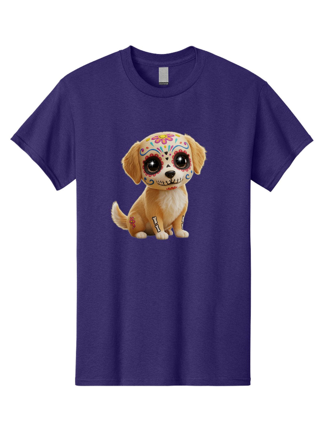 Sugar-Skull-Dog-1 Men'S Graphic Tee, 100% Cotton, Comfortable Casual Summer Wear, Machine Washable, Sugar Skull Dog, Day Of The Dead Puppy, Colorful Tattoos, Sparkly Eyes, Festive Design, Cute Animal, Decorative Art, Vibrant Patterns, Bac498