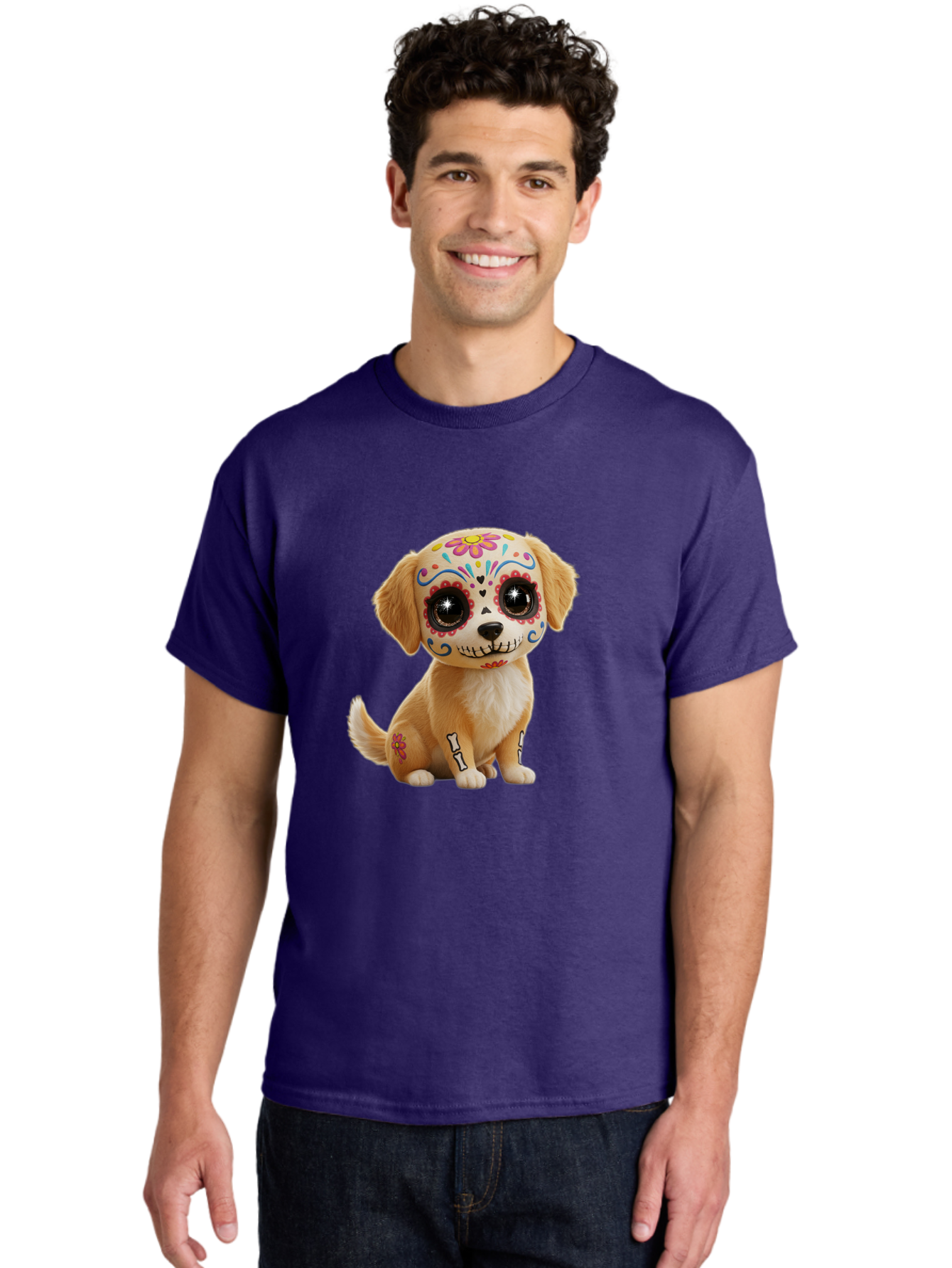 Sugar-Skull-Dog-1 Men'S Graphic Tee, 100% Cotton, Comfortable Casual Summer Wear, Machine Washable, Sugar Skull Dog, Day Of The Dead Puppy, Colorful Tattoos, Sparkly Eyes, Festive Design, Cute Animal, Decorative Art, Vibrant Patterns, Bac498